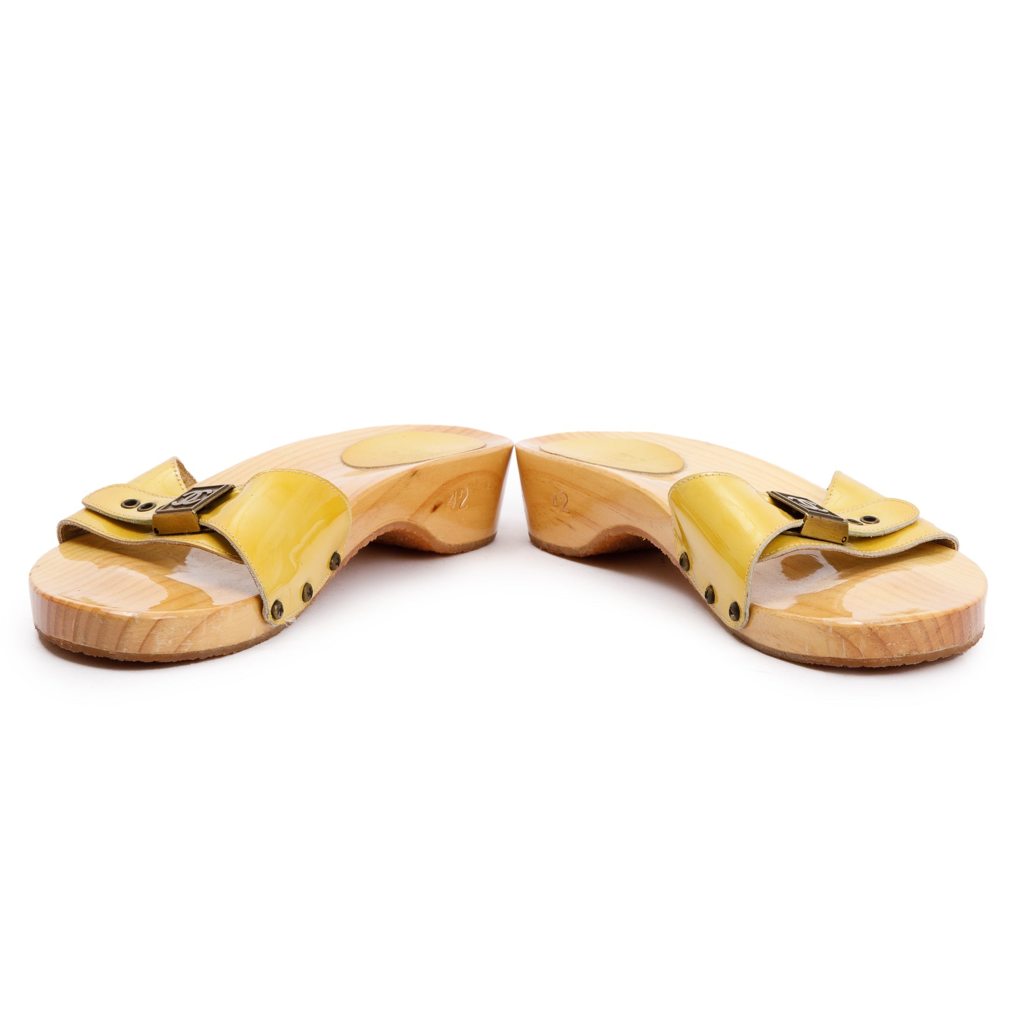 Chanel Wooden Yellow Patent Leather Interlocking CC Logo Clog Slides, Size 42