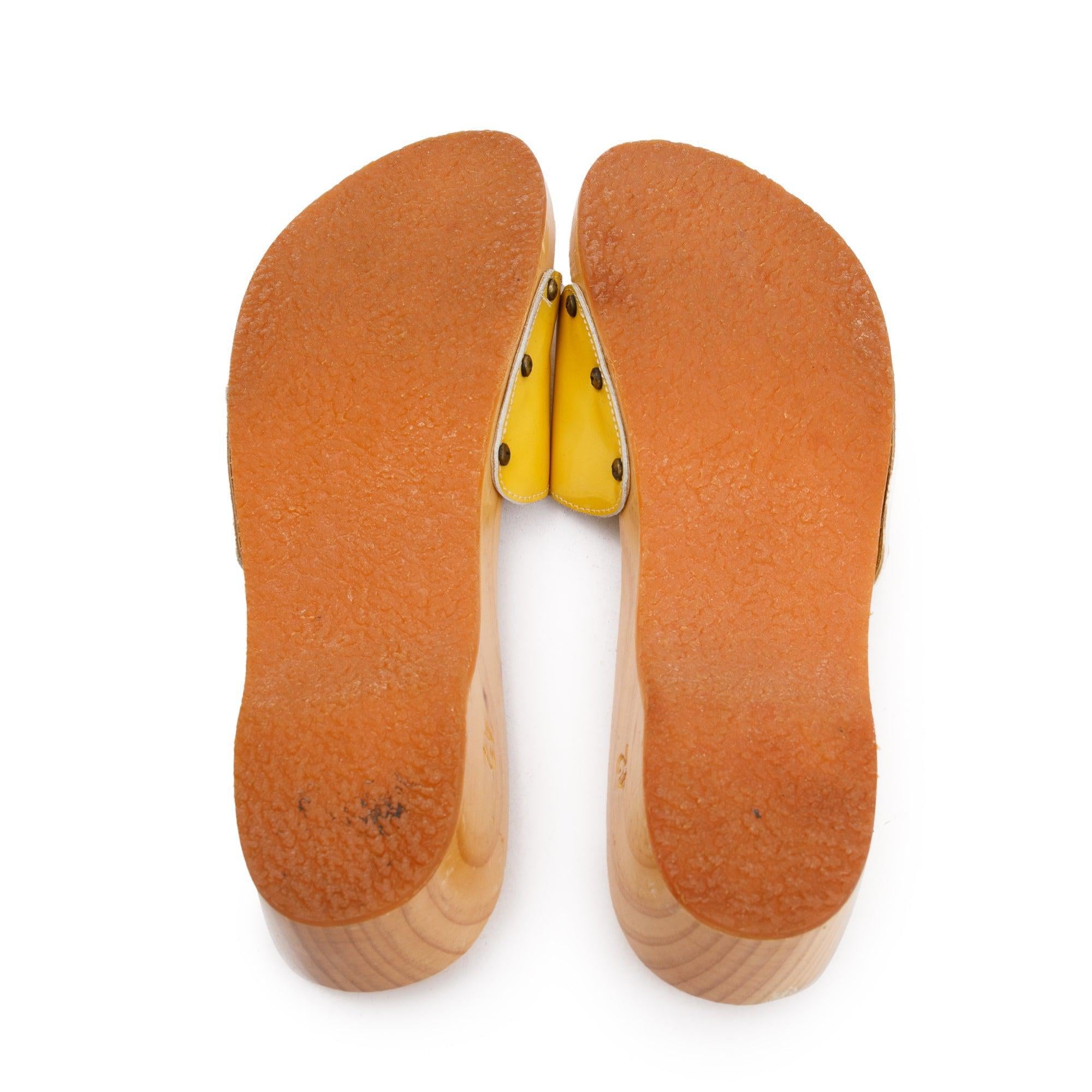 Chanel Wooden Yellow Patent Leather Interlocking CC Logo Clog Slides, Size 42