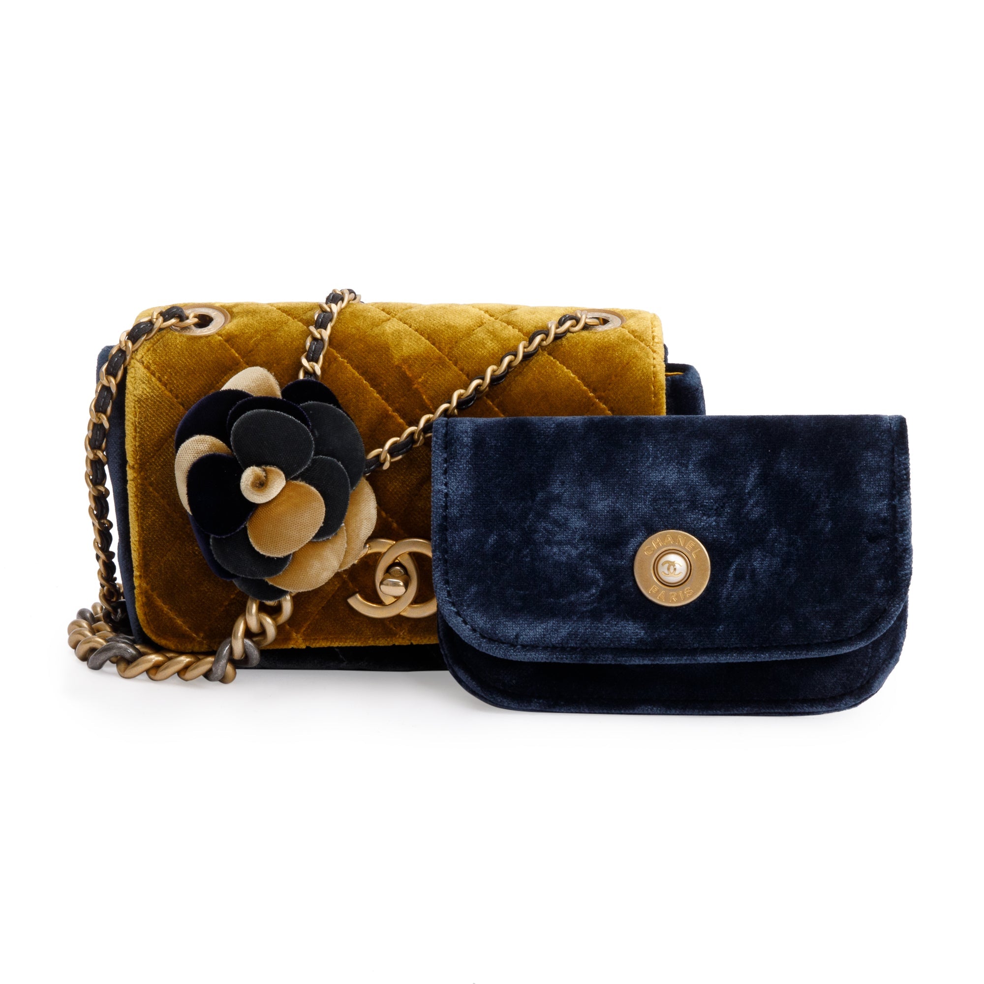 Chanel Yellow/Navy Velvet Private Affair Camellia Small Flap Bag w/ Authenticity Card