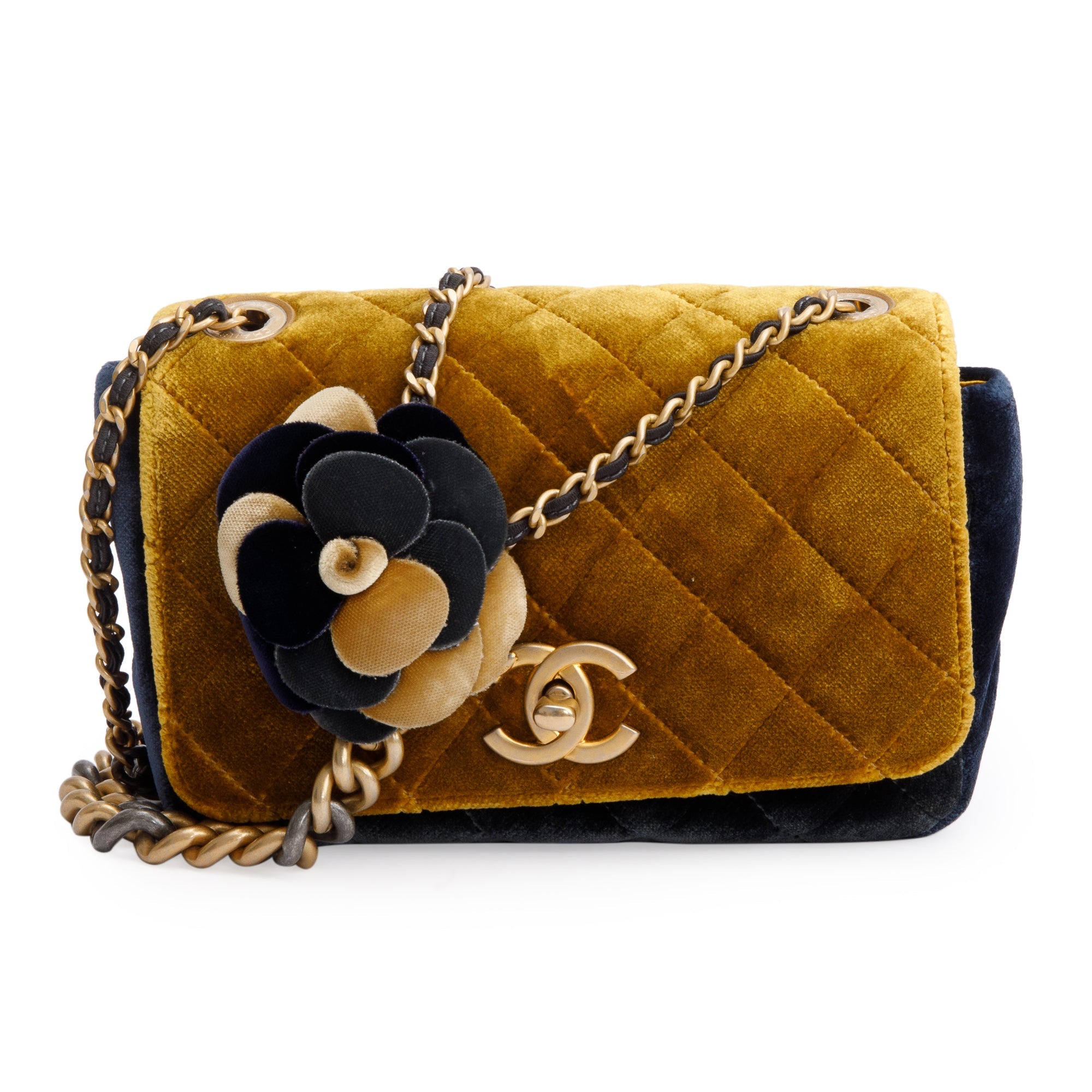 Chanel Yellow/Navy Velvet Private Affair Camellia Small Flap Bag w/ Authenticity Card