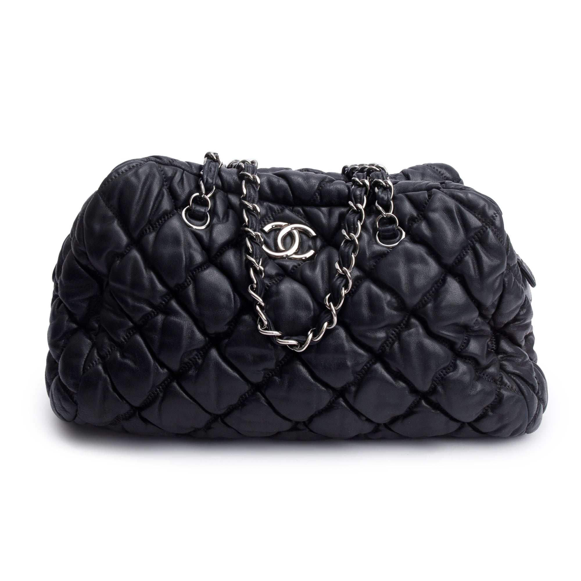 Chanel Black Bubble Quilt Lambskin Leather Medium Bowler Bag