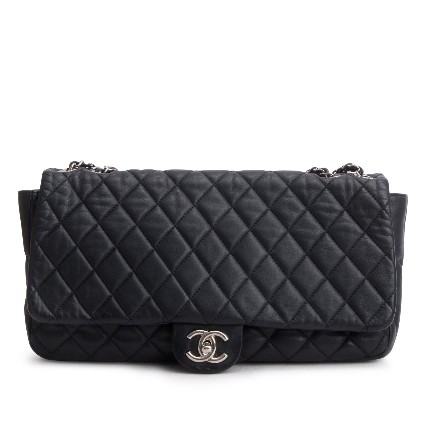 Chanel Black Lambskin Quilted Jumbo Coco Rain Flap