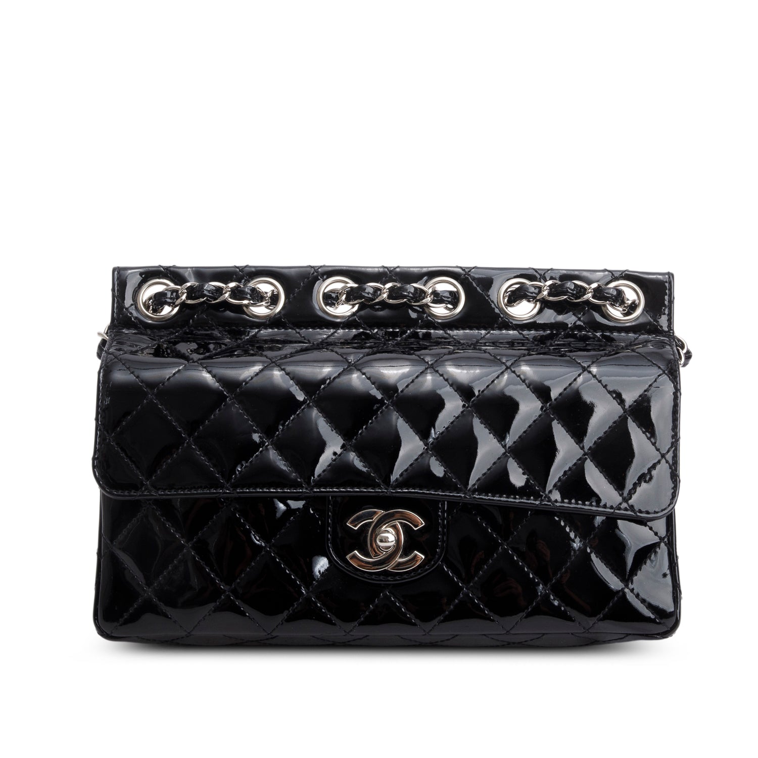Chanel Black Quilted Patent Leather Chain Through Flap Bag