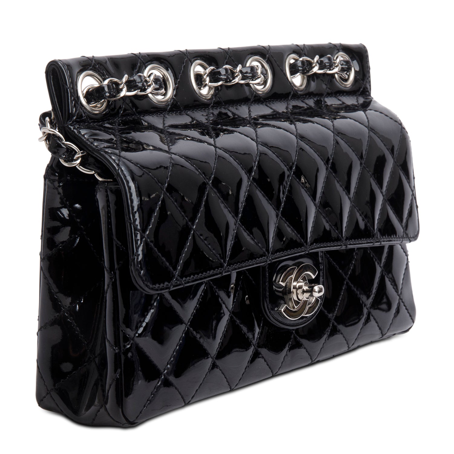 Chanel Black Quilted Patent Leather Chain Through Flap Bag