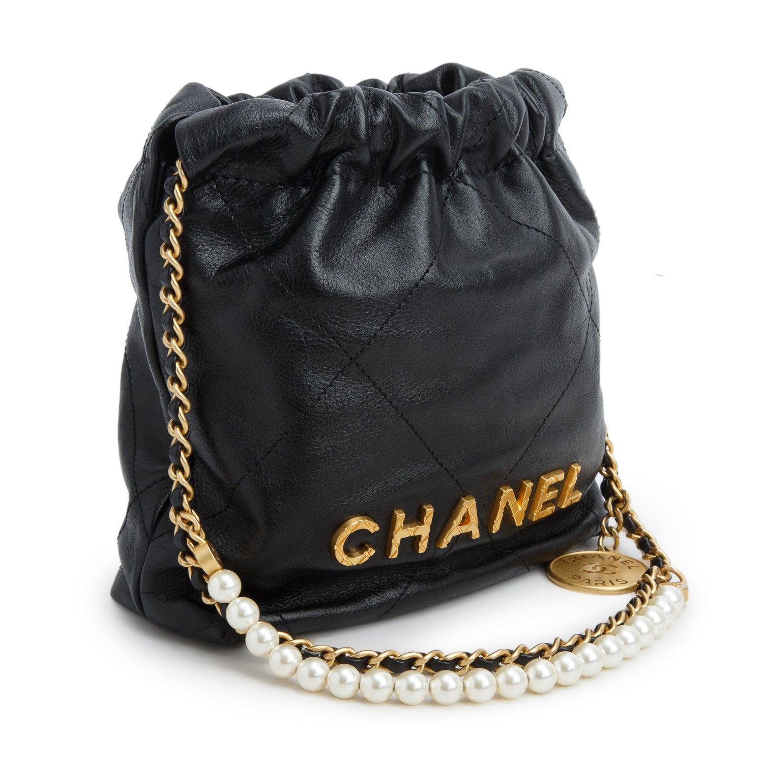 Chanel Black Shiny Calfskin Quilted Pearl CC Chain Mini Chanel 22