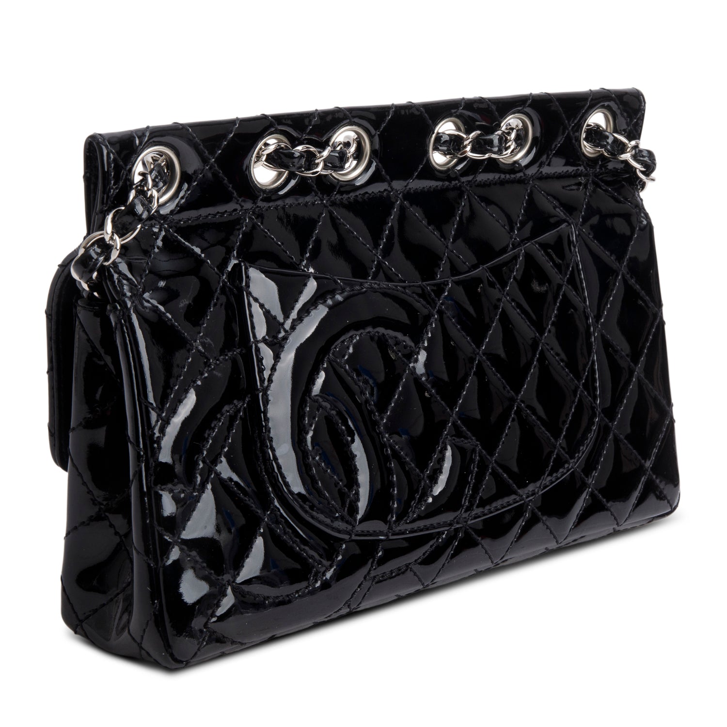 Chanel Black Quilted Patent Leather Chain Through Flap Bag