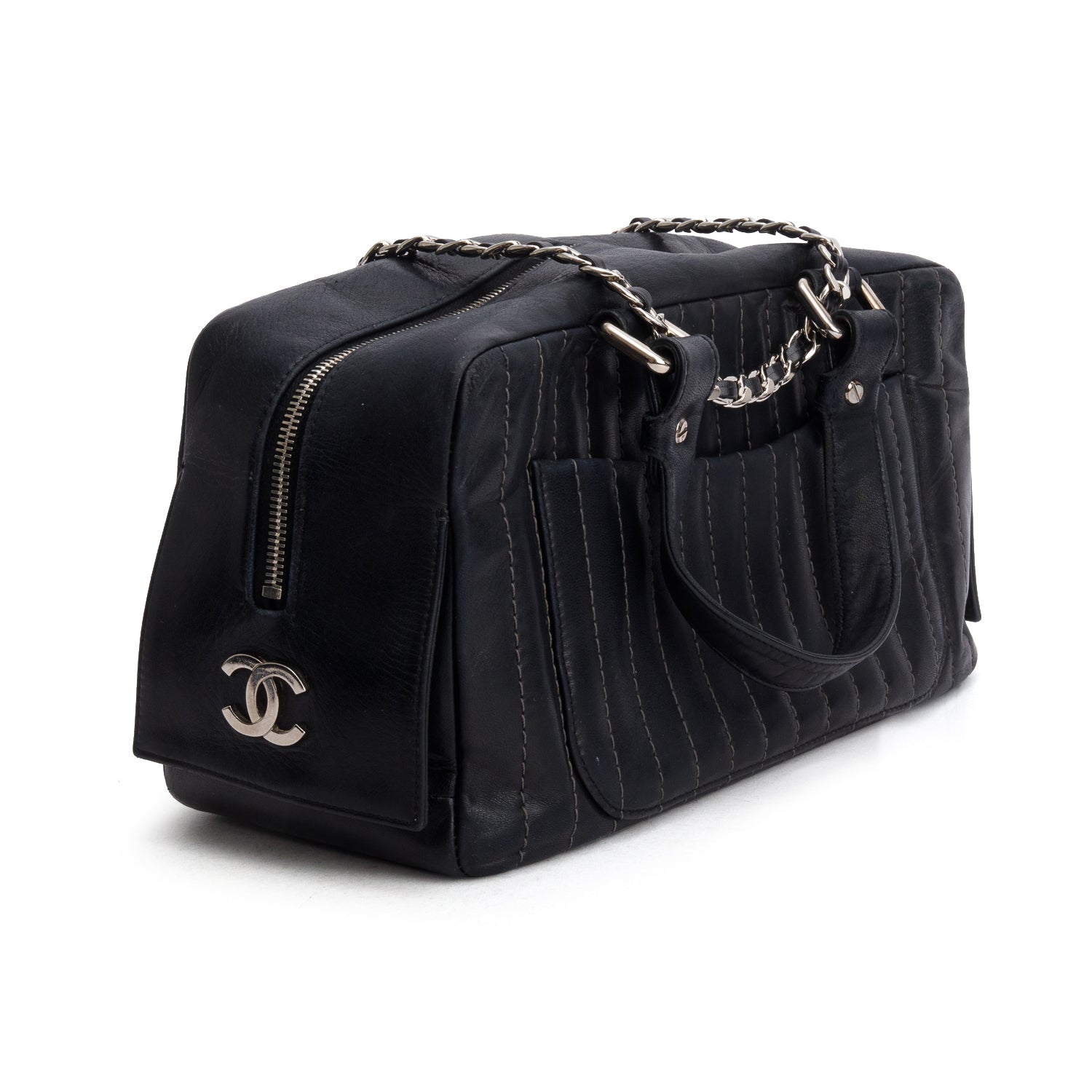 Chanel Black Lambskin Vertical Quilted Mademoiselle Bowler Bag
