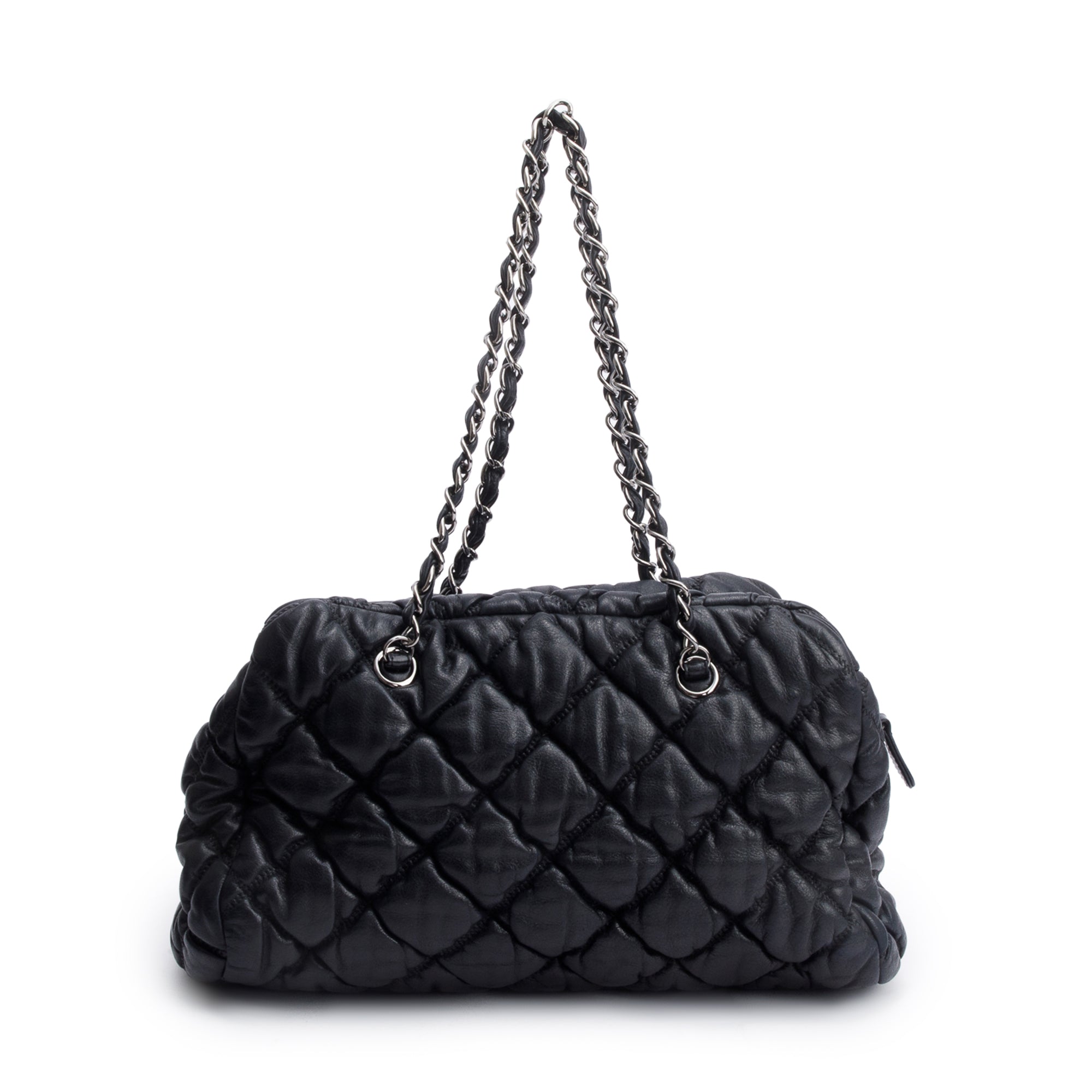 Chanel Black Bubble Quilt Lambskin Leather Medium Bowler Bag