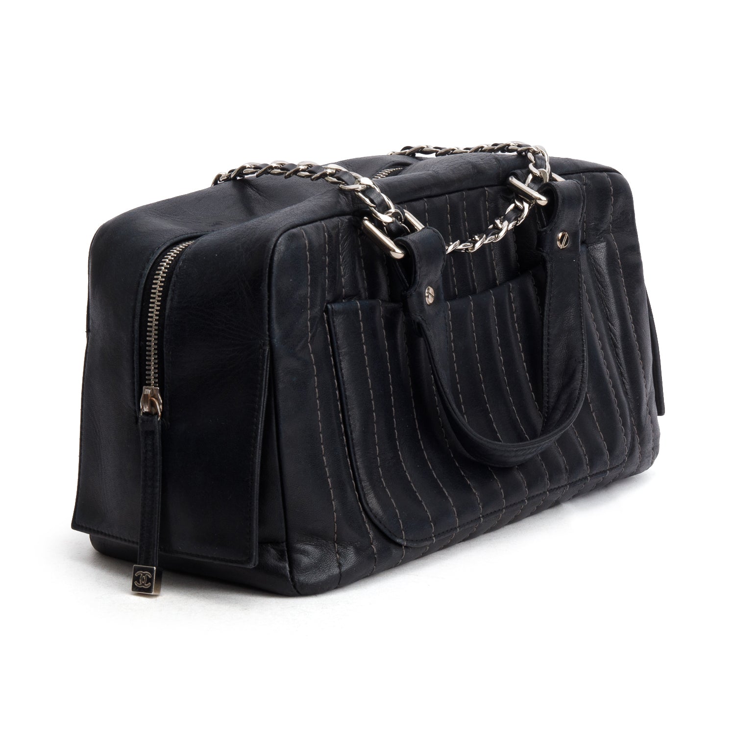 Chanel Black Lambskin Vertical Quilted Mademoiselle Bowler Bag