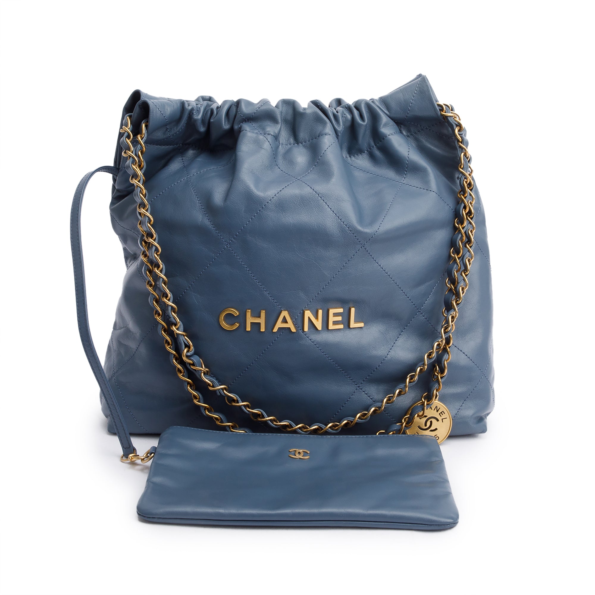 Chanel Blue Shiny Calfskin Leather Small Chanel 22 Hobo w/ Pouch
