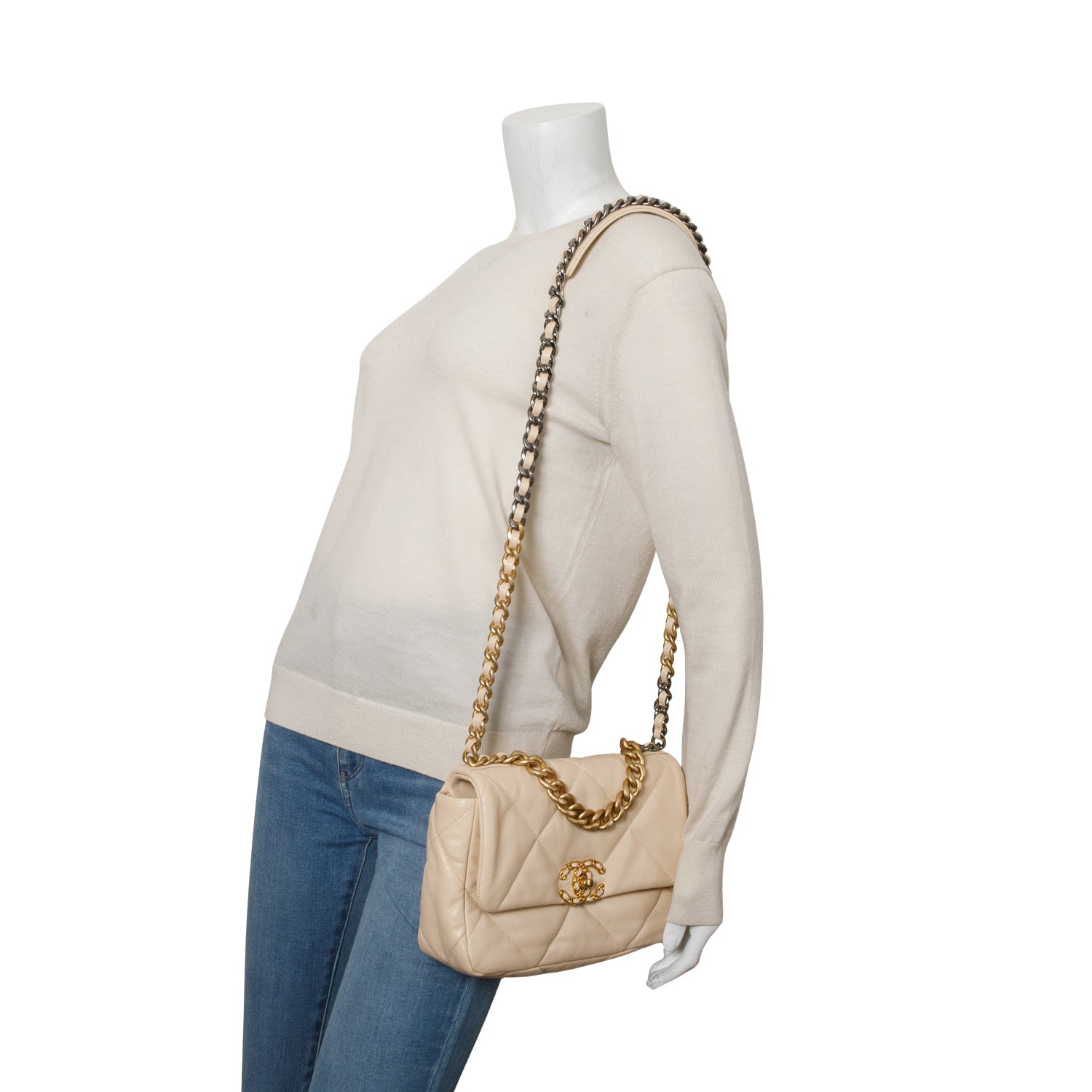 Chanel Beige Lambskin Leather Medium 19 Flap Bag w/ Authenticity Card