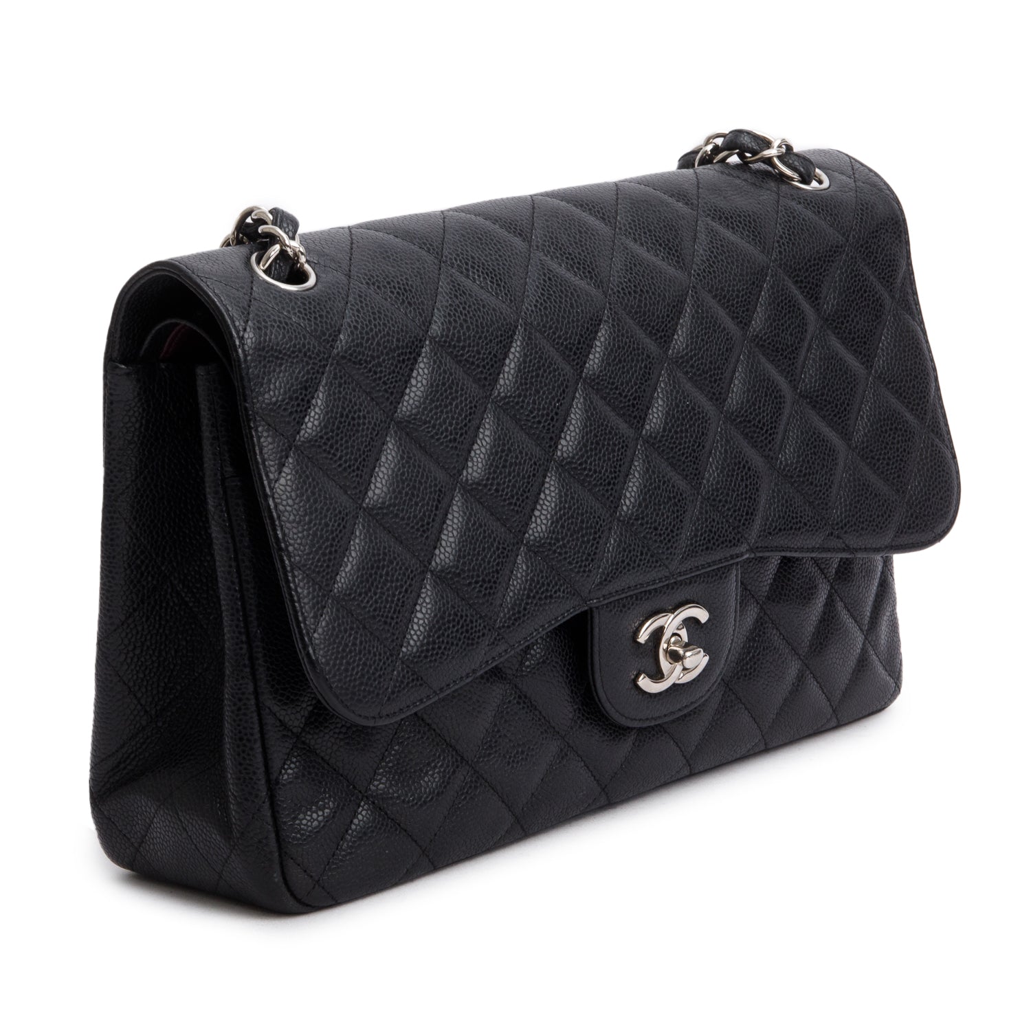 Chanel Black Caviar Leather Classic Jumbo Double Flap Bag w/ Authenticity Card