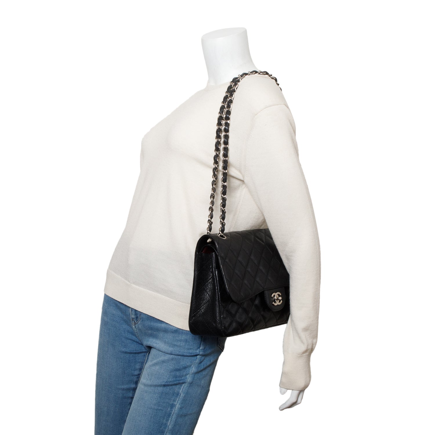 Chanel Black Caviar Leather Classic Jumbo Double Flap Bag w/ Authenticity Card