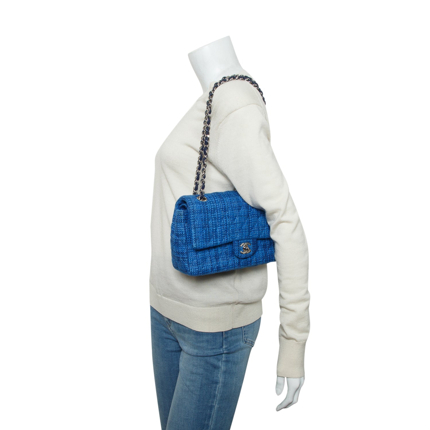 Chanel Blue Tweed Quilted Medium Double Flap Bag w/ Receipt