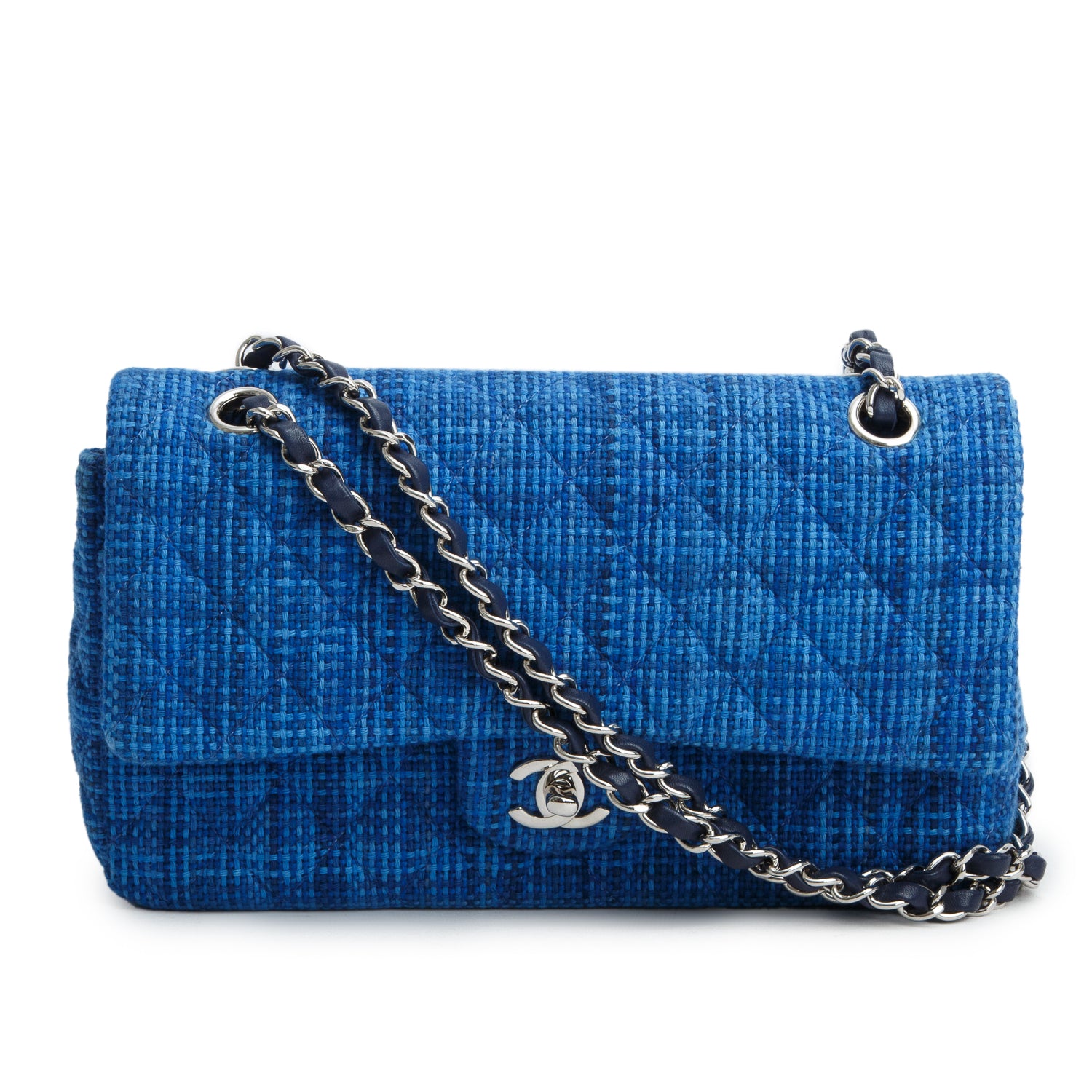 Chanel Blue Tweed Quilted Medium Double Flap Bag w/ Receipt