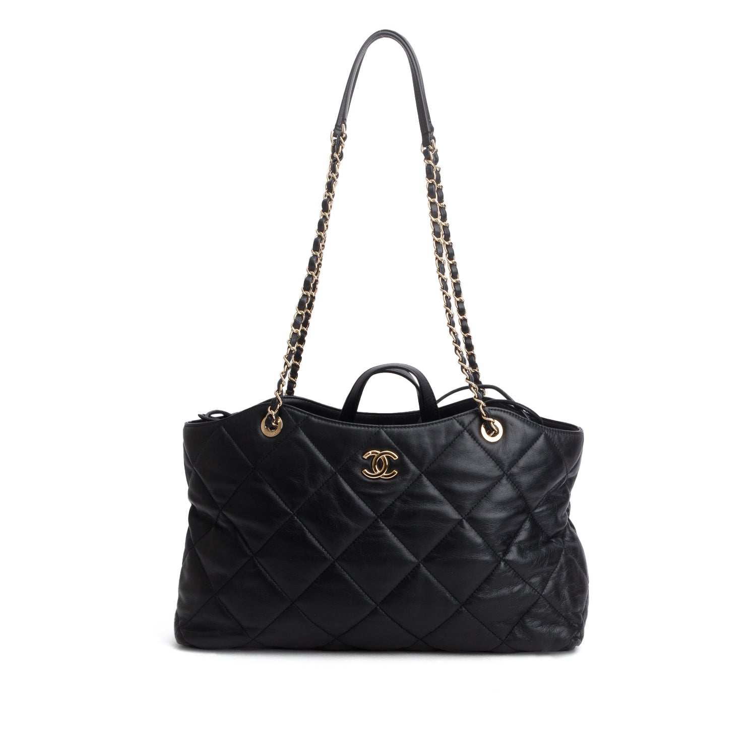 Chanel Black Lambskin CC Drawstring Large Shopping Tote w/ Authenticity Card