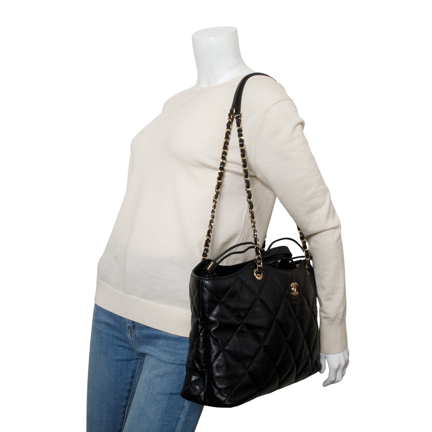 Chanel Black Lambskin CC Drawstring Large Shopping Tote w/ Authenticity Card
