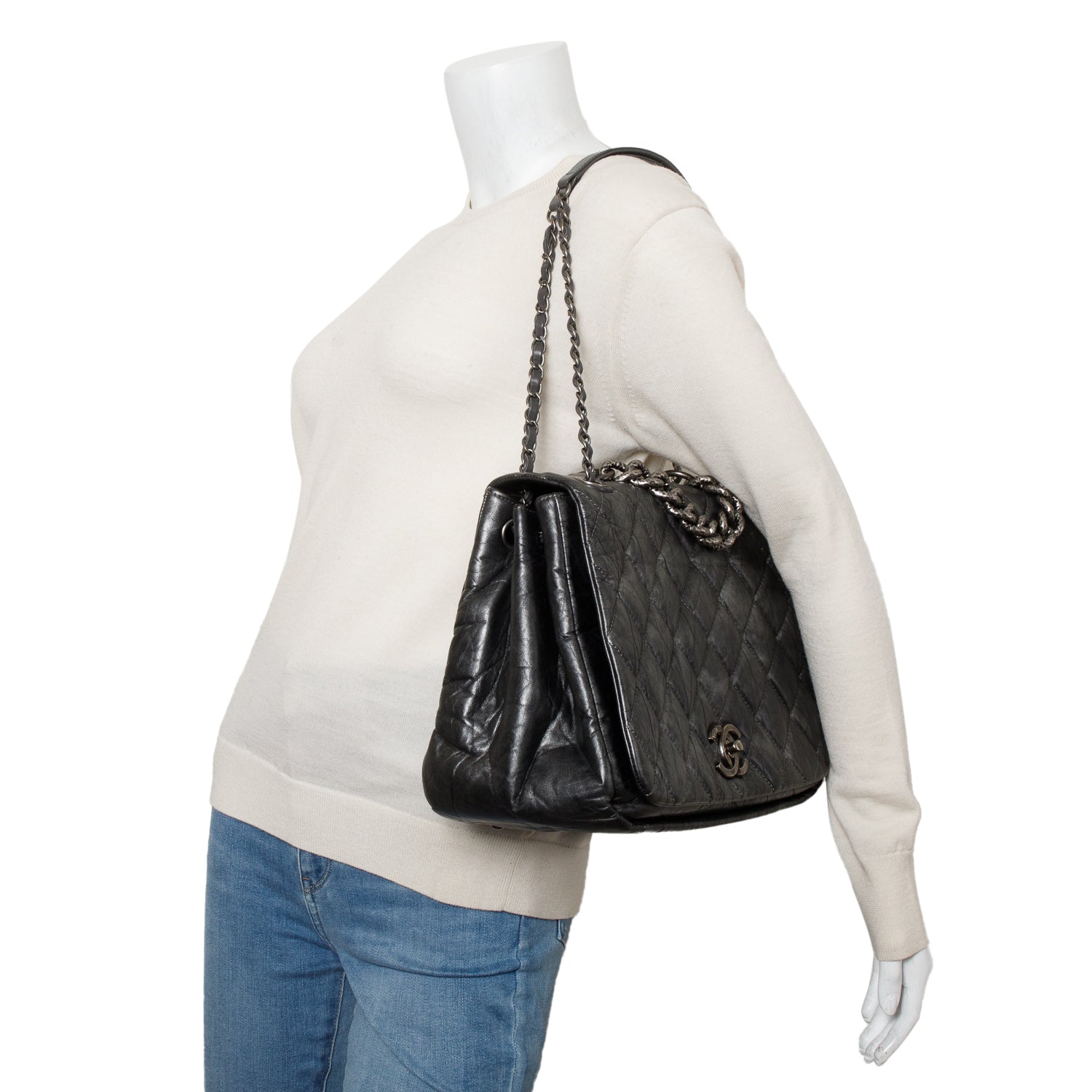 Chanel Metallic Silver Aged Calfskin Leather Large Pondicherry Flap Bag