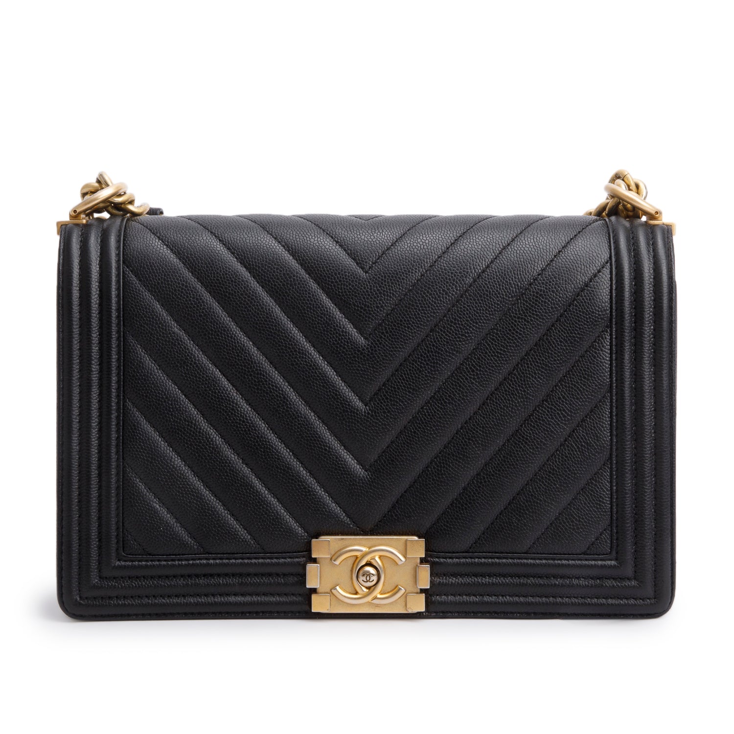 Chanel Black Chevron Quilted Caviar Large Boy Bag w/ Authenticity Card