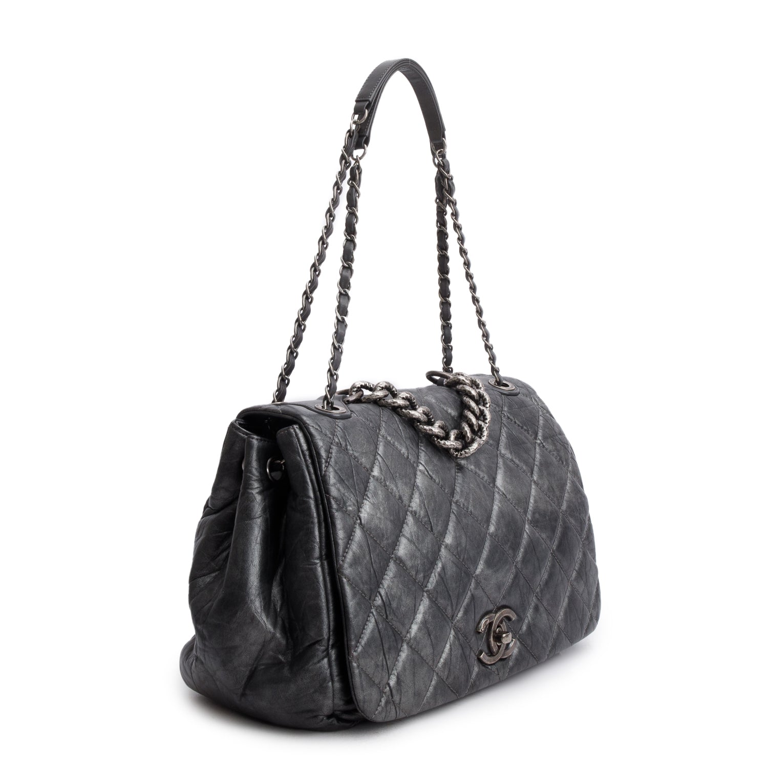 Chanel Metallic Silver Aged Calfskin Leather Large Pondicherry Flap Bag