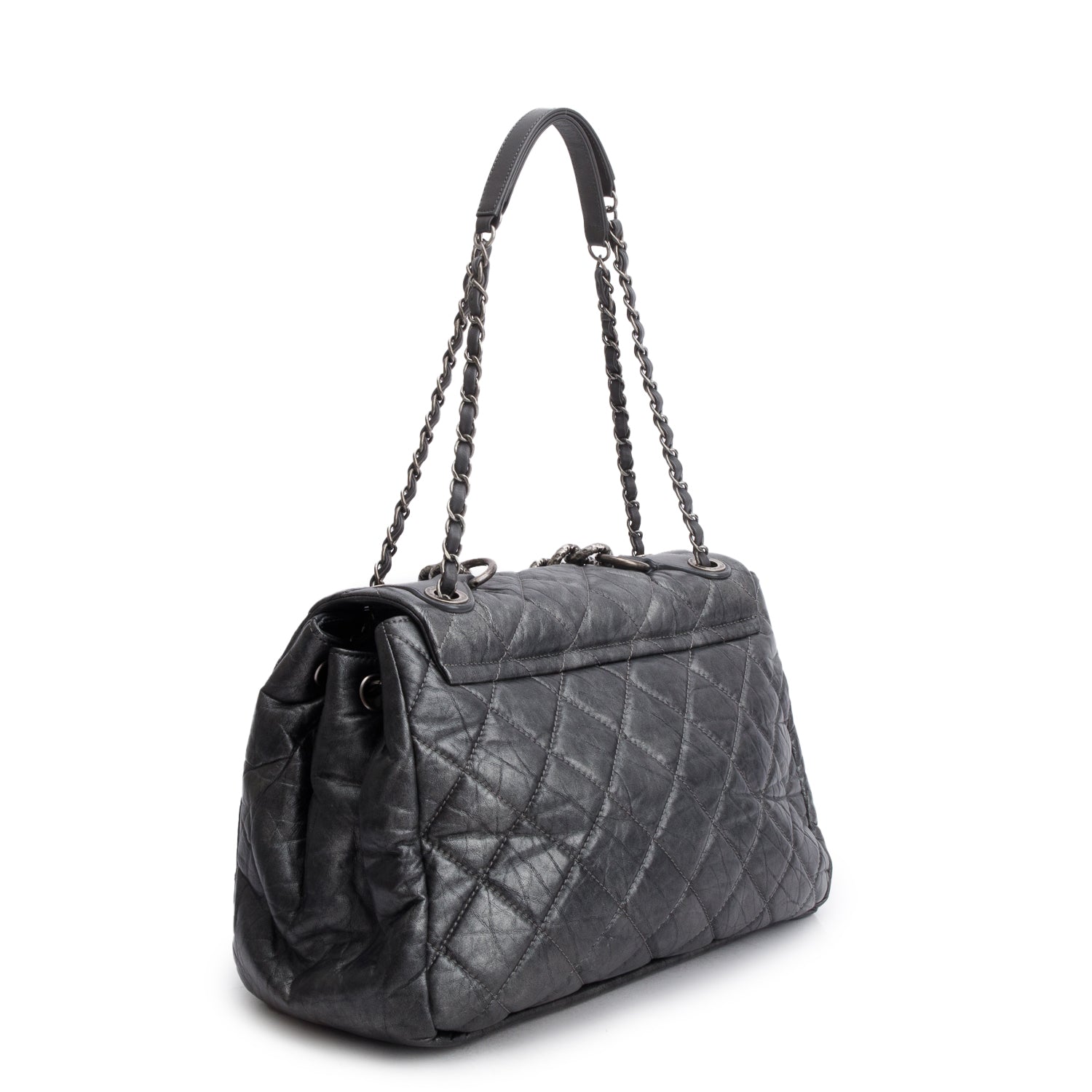 Chanel Metallic Silver Aged Calfskin Leather Large Pondicherry Flap Bag