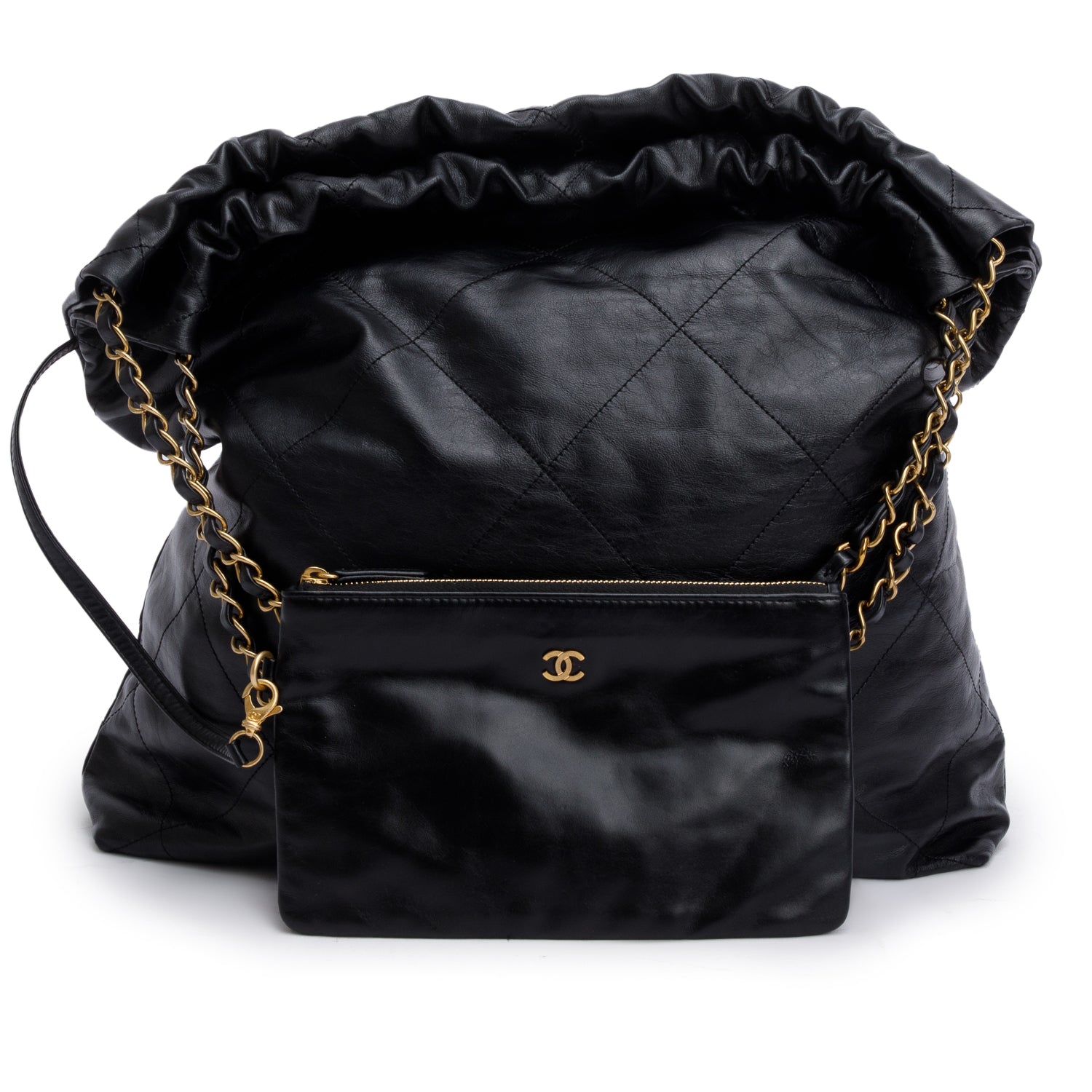 Chanel Black Shiny Calfskin Leather Chanel 22 Hobo w/ Pouch