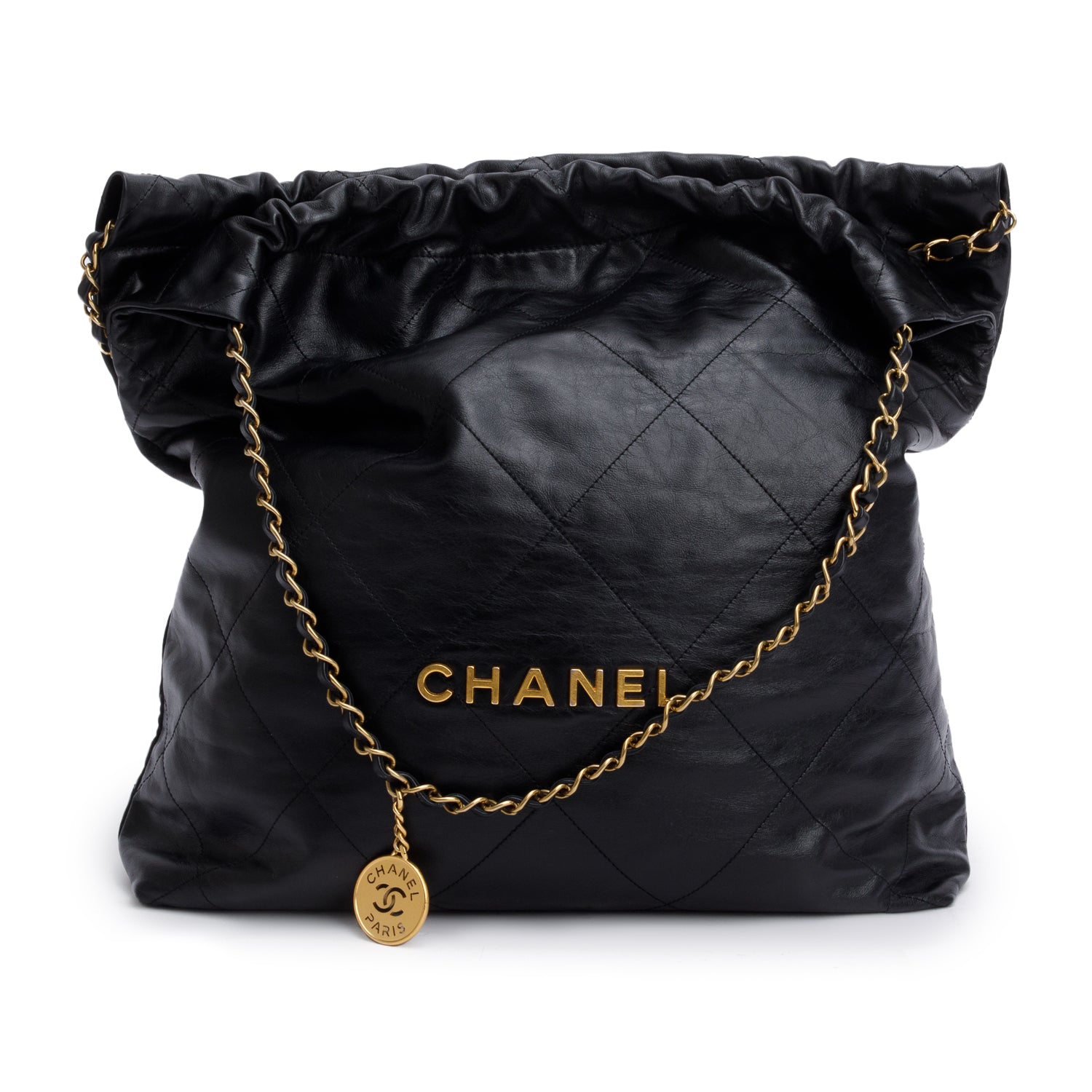 Chanel Black Shiny Calfskin Leather Chanel 22 Hobo w/ Pouch