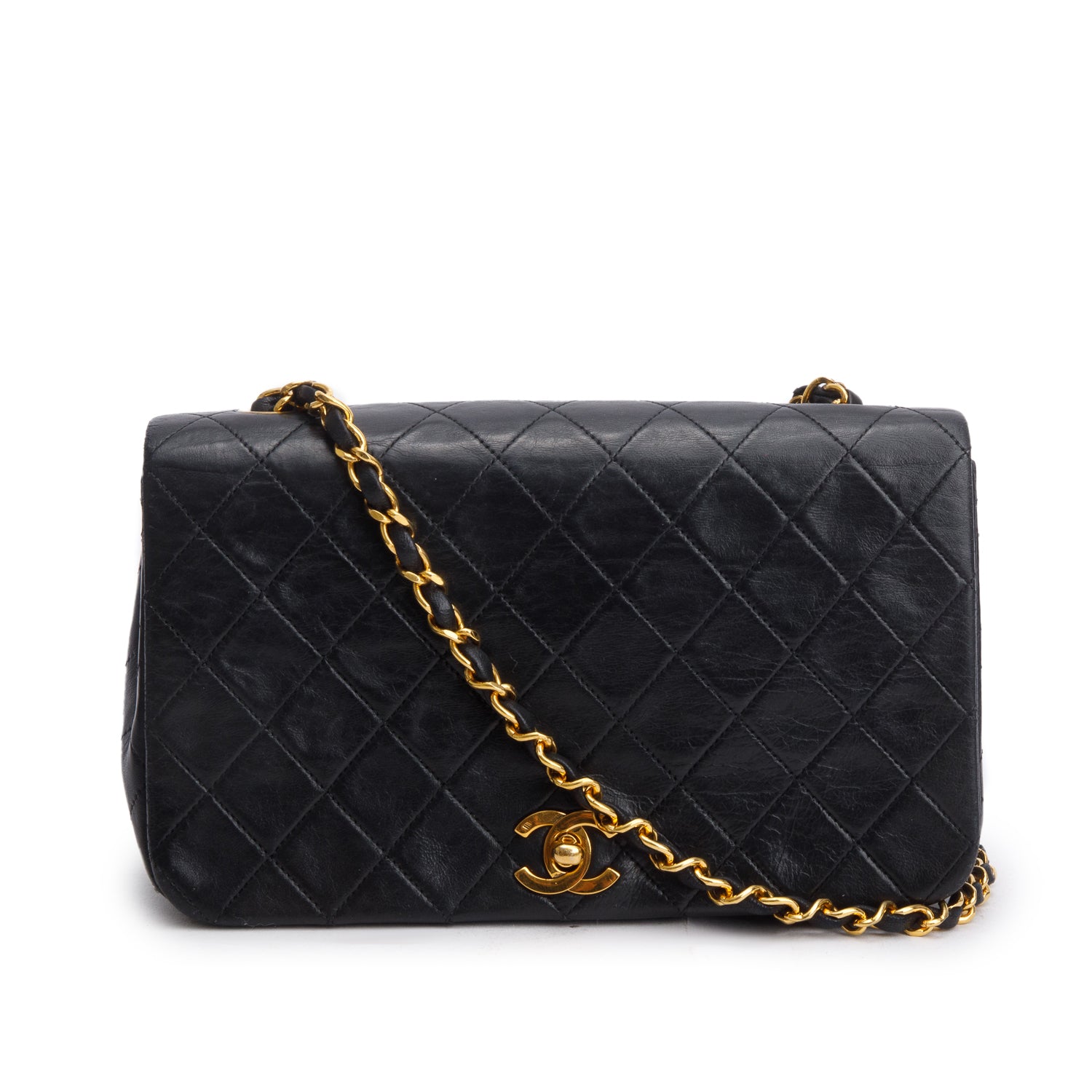 Chanel Vintage Black Lambskin Quilted Mademoiselle Full Flap Shoulder Bag w/ Authenticity Card