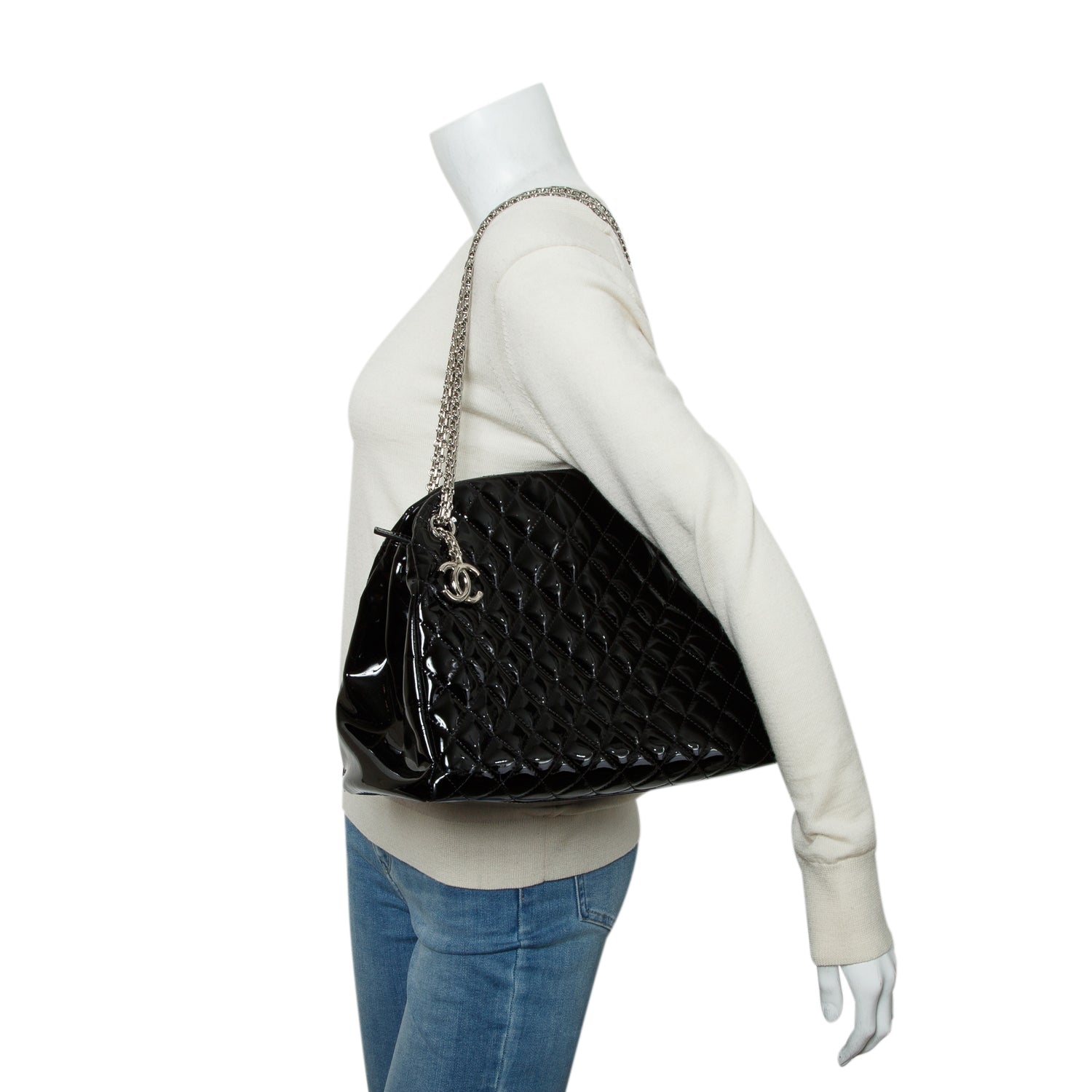 Chanel Black Patent Leather Just Mademoiselle Large Bowler Bag w/ Authenticity Card