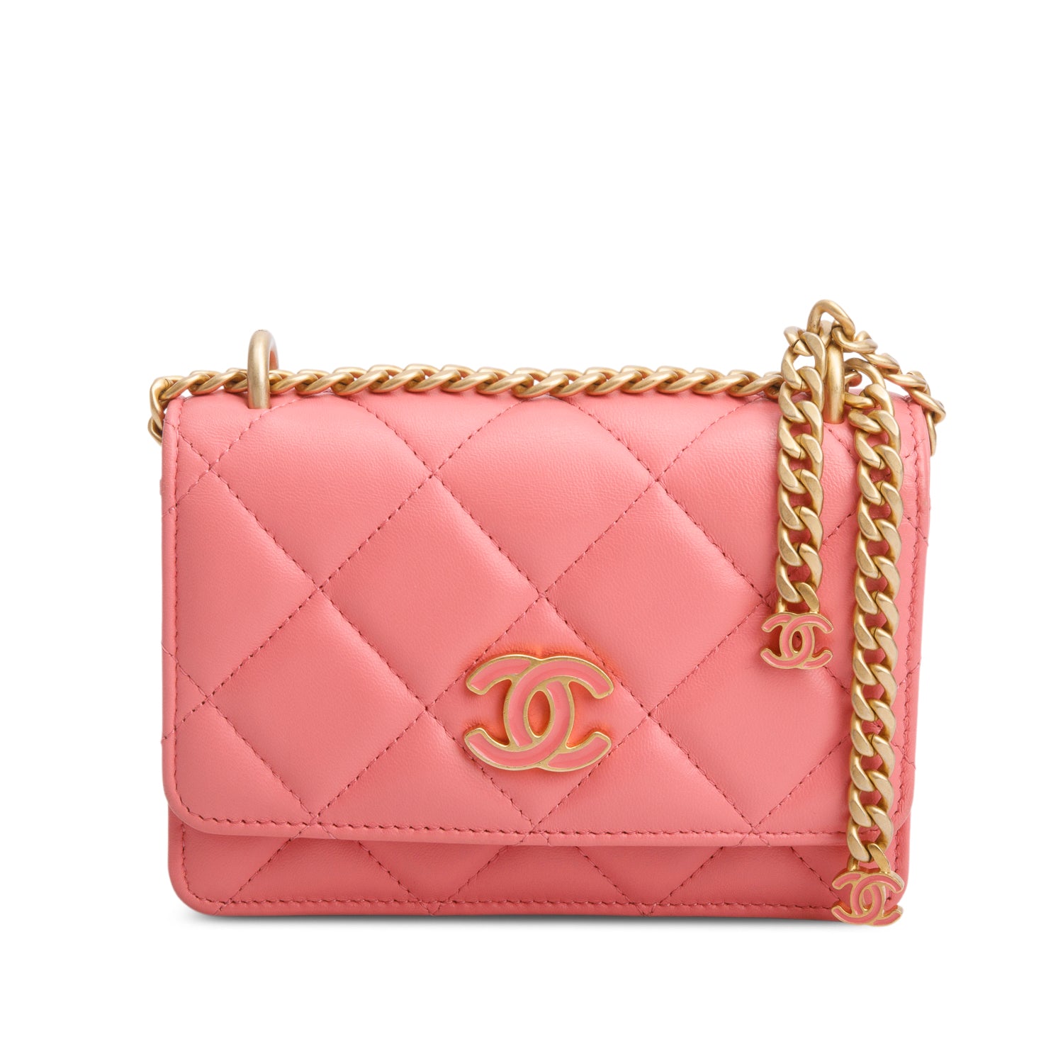 Chanel 2021 Pink Lambskin Quilted Enamel Wallet on Chain w/ Authenticity Card