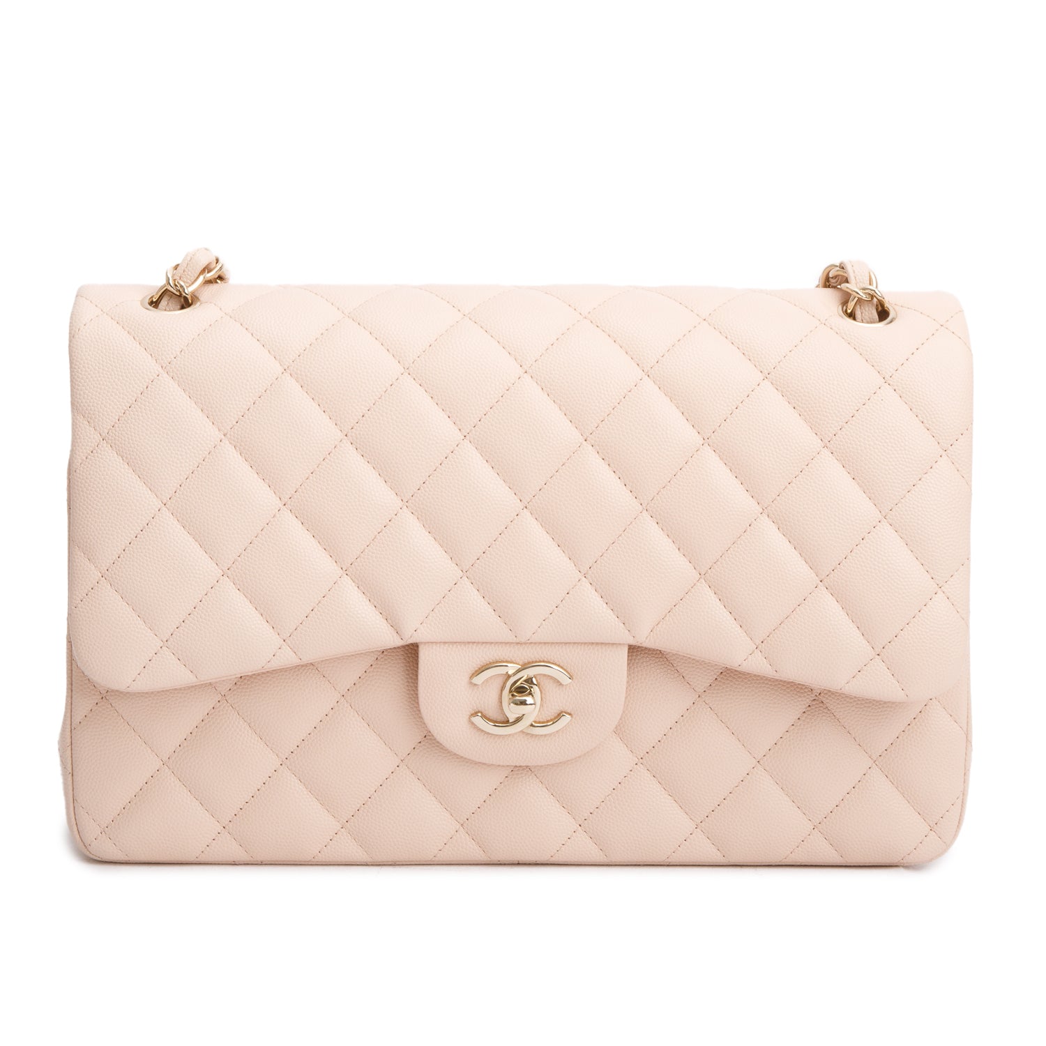 Chanel Pink Quilted Caviar Leather Classic Jumbo Double Flap Bag w/ Authenticity Card