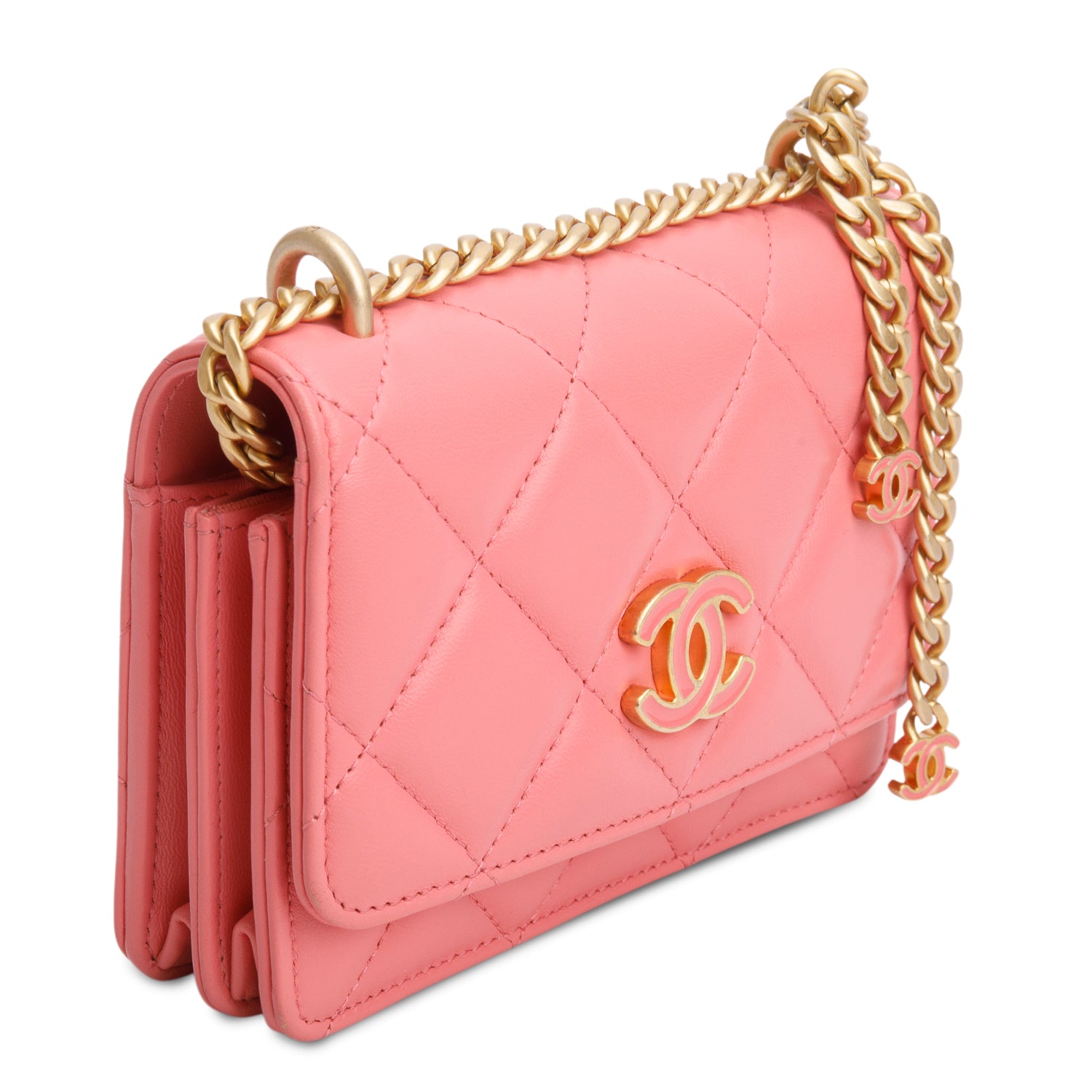 Chanel 2021 Pink Lambskin Quilted Enamel Wallet on Chain w/ Authenticity Card