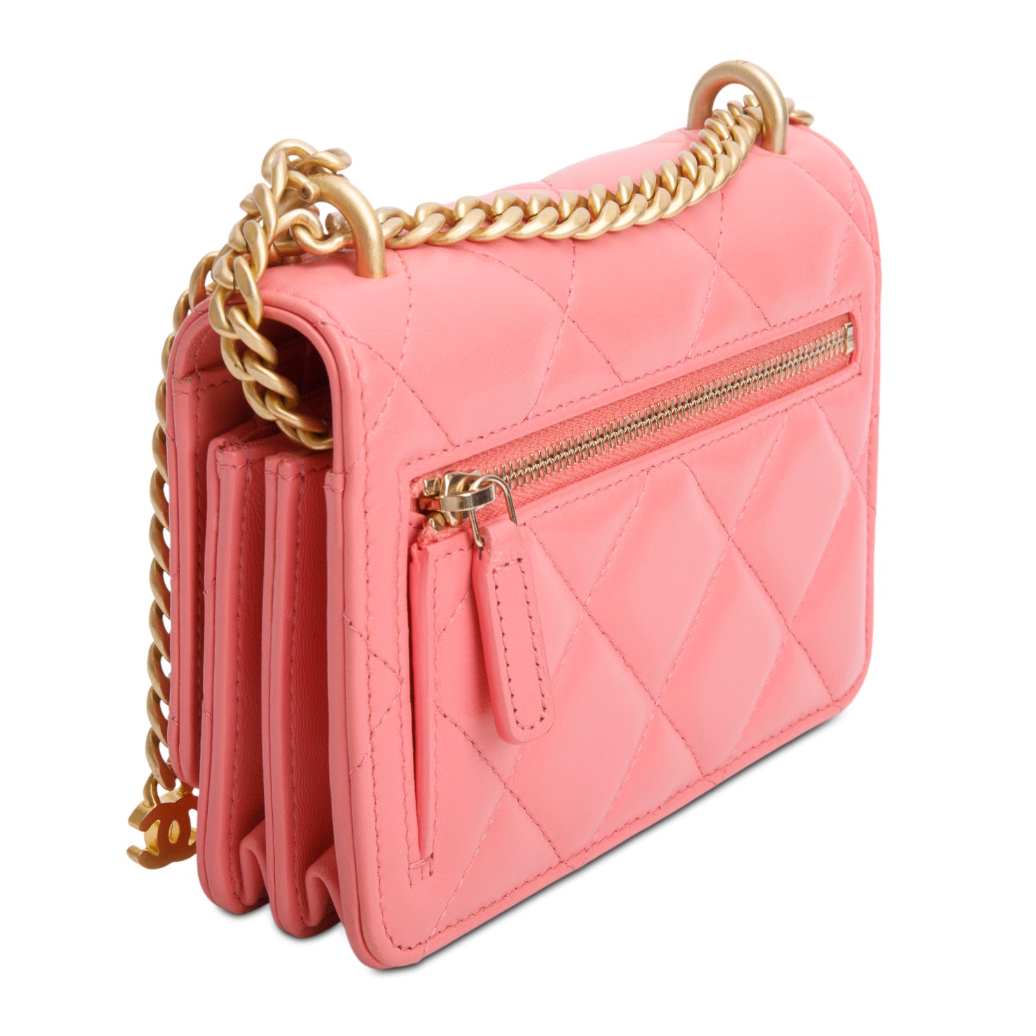 Chanel 2021 Pink Lambskin Quilted Enamel Wallet on Chain w/ Authenticity Card