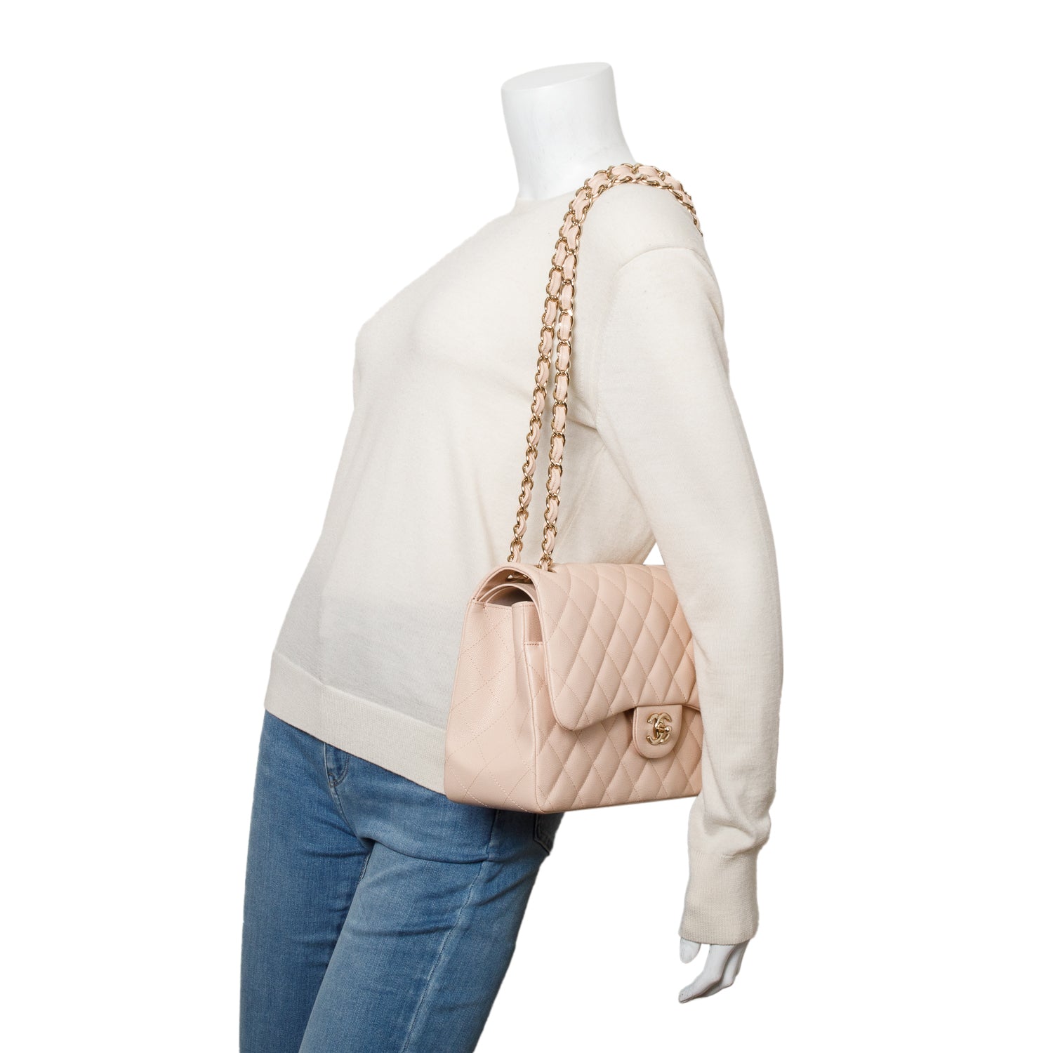 Chanel Pink Quilted Caviar Leather Classic Jumbo Double Flap Bag w/ Authenticity Card