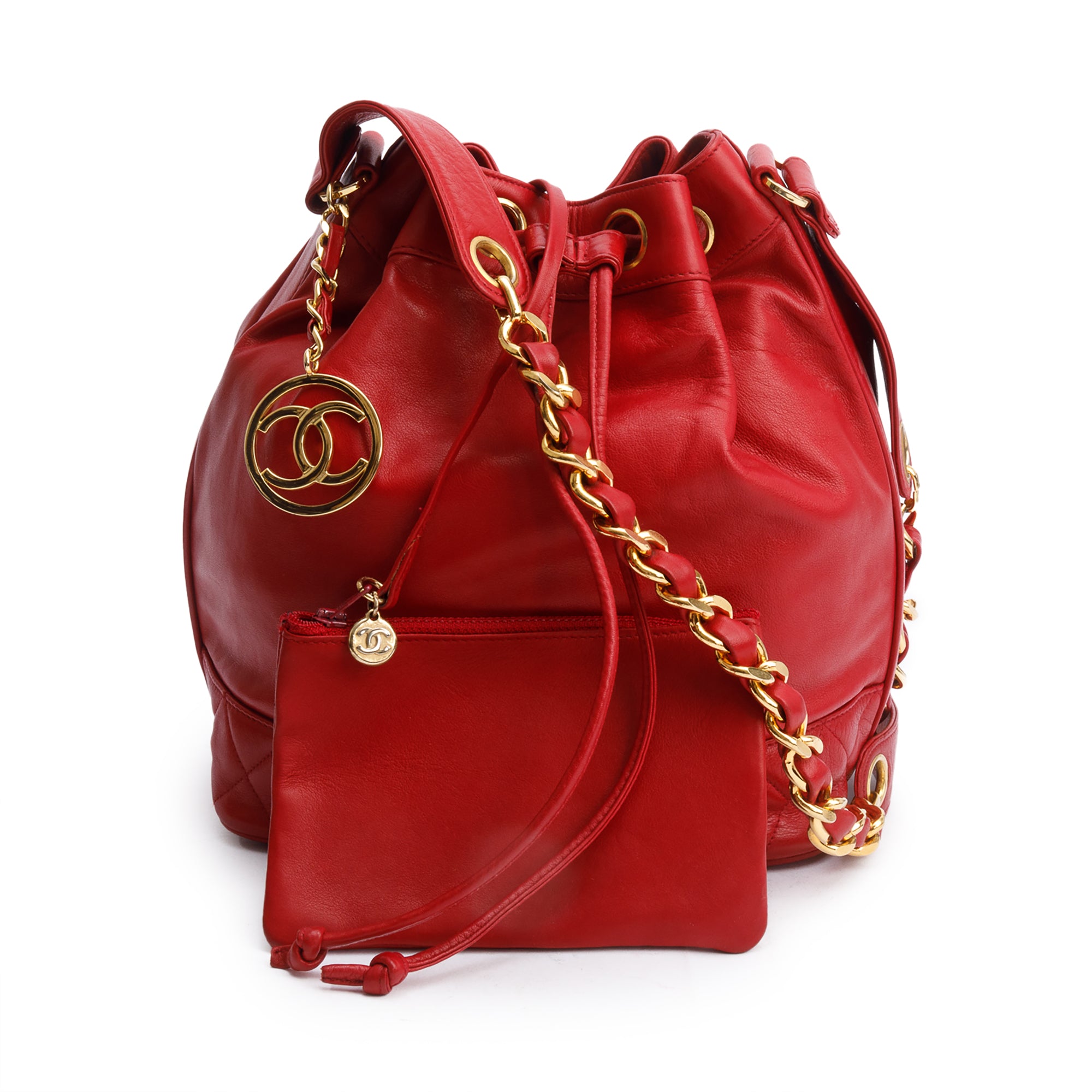 Chanel Red Lambskin Leather Quilted CC Bucket Bag w/ Pouch