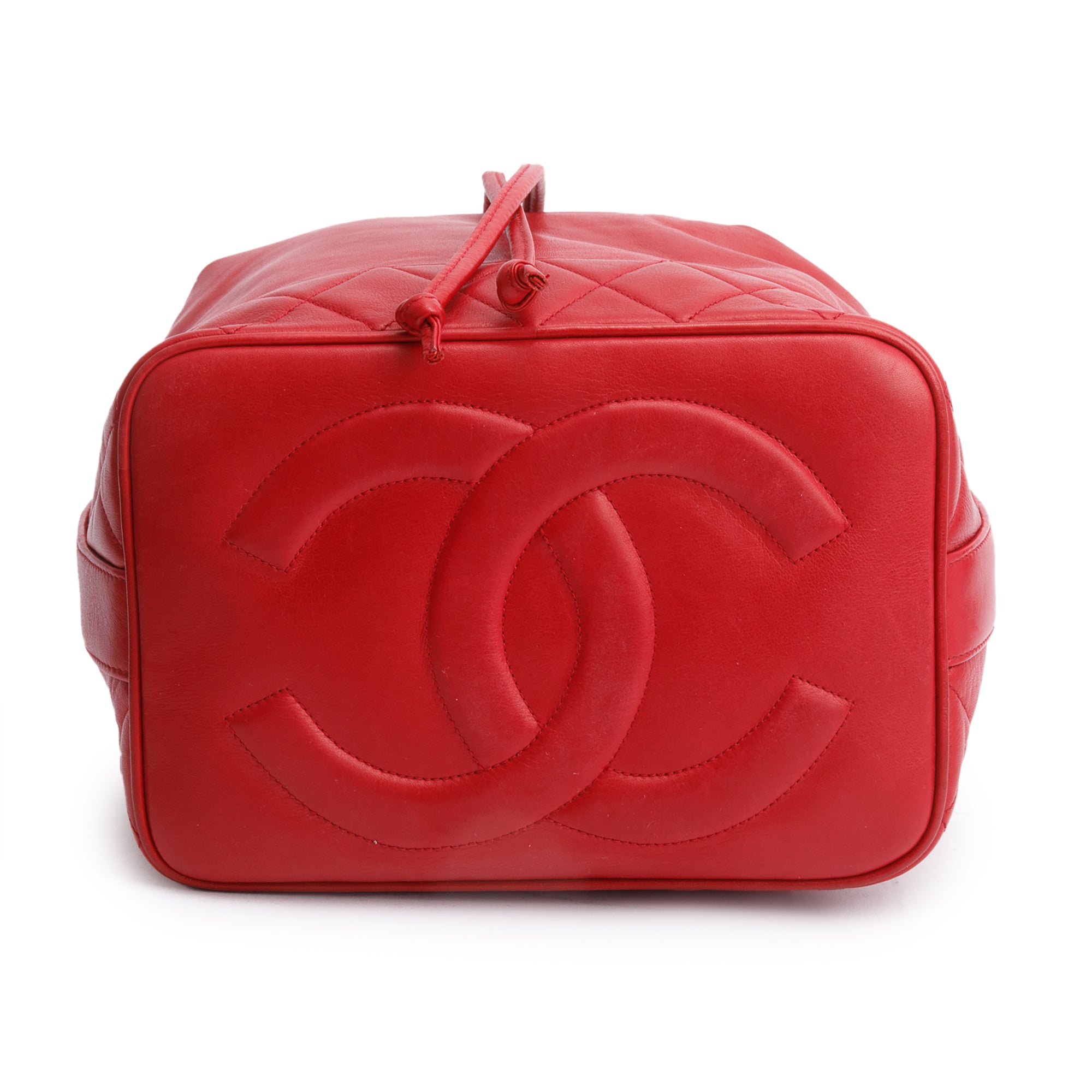 Chanel Red Lambskin Leather Quilted CC Bucket Bag w/ Pouch