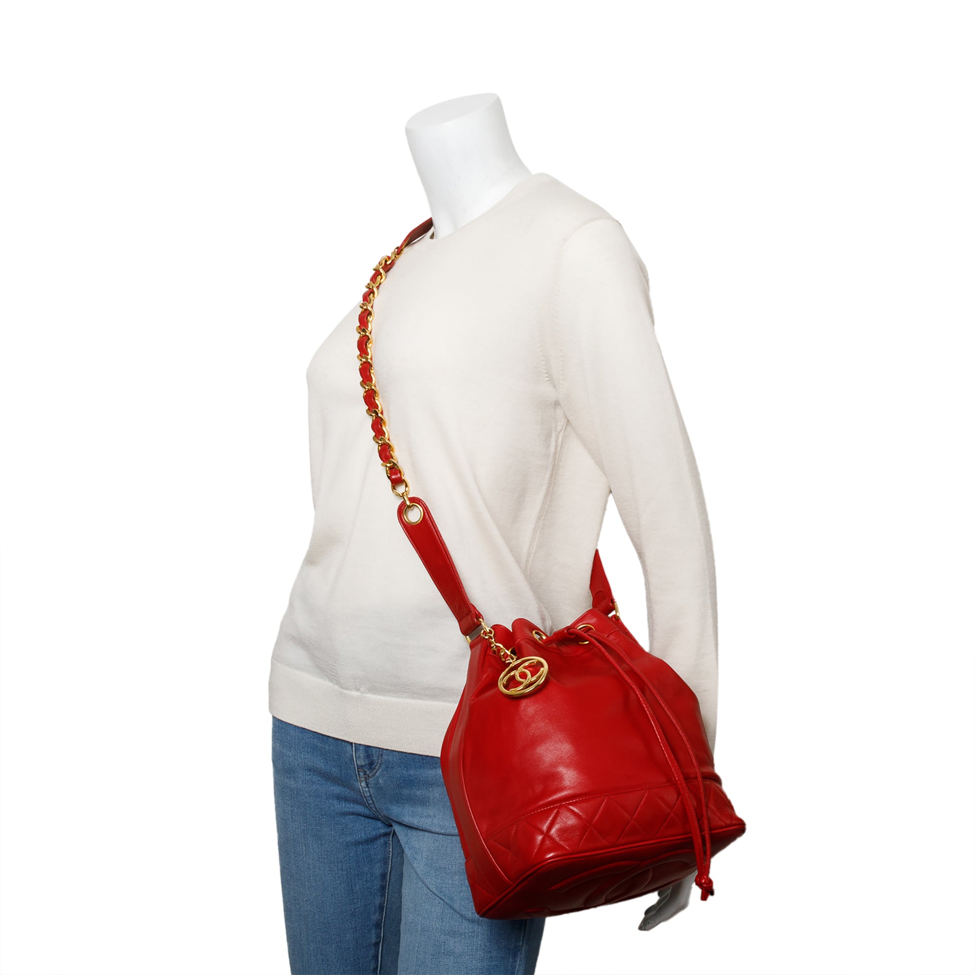 Chanel Red Lambskin Leather Quilted CC Bucket Bag w/ Pouch