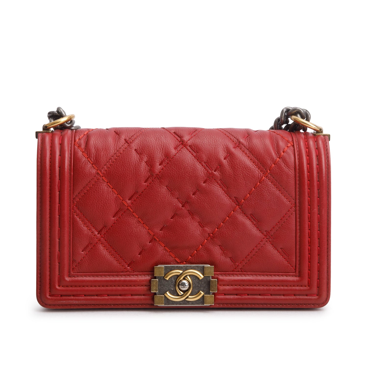Chanel Red Lambskin Quilted Double Stitch Medium Boy Flap
