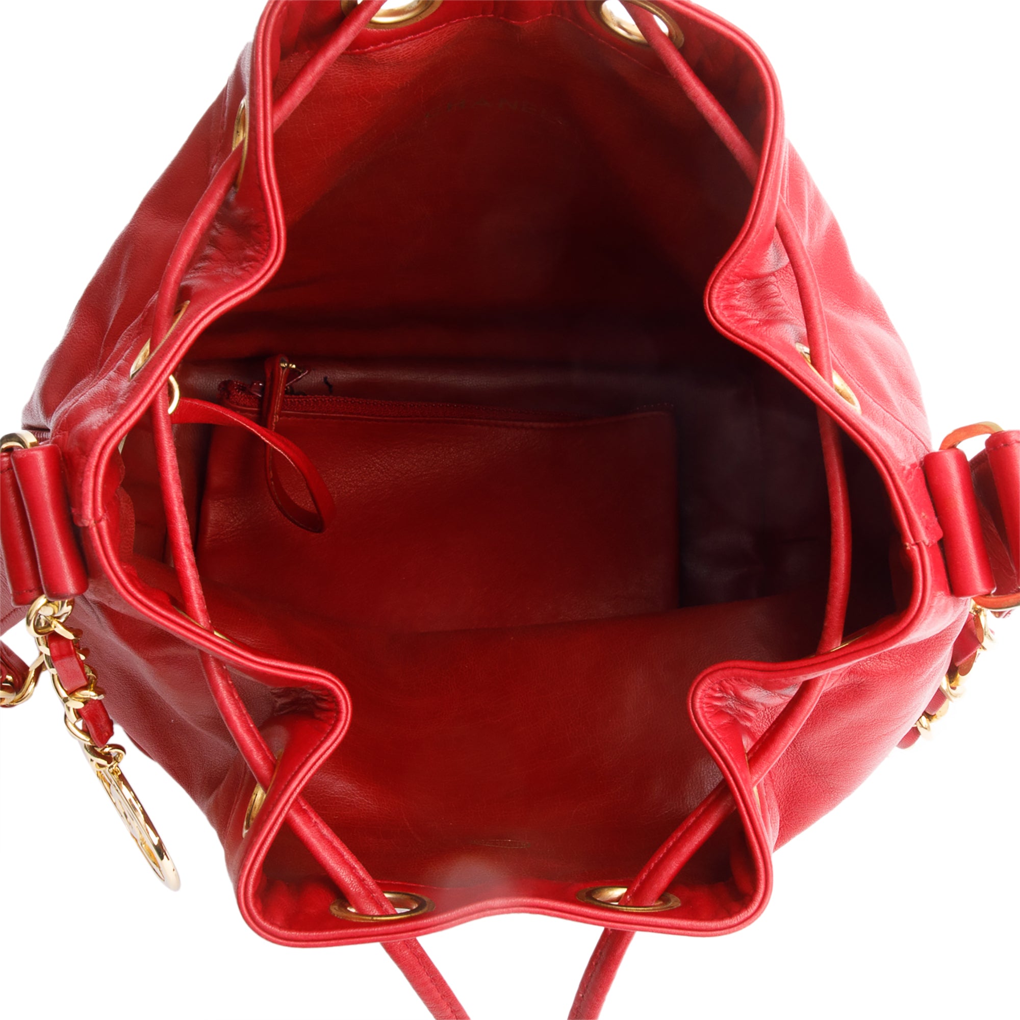 Chanel Red Lambskin Leather Quilted CC Bucket Bag w/ Pouch