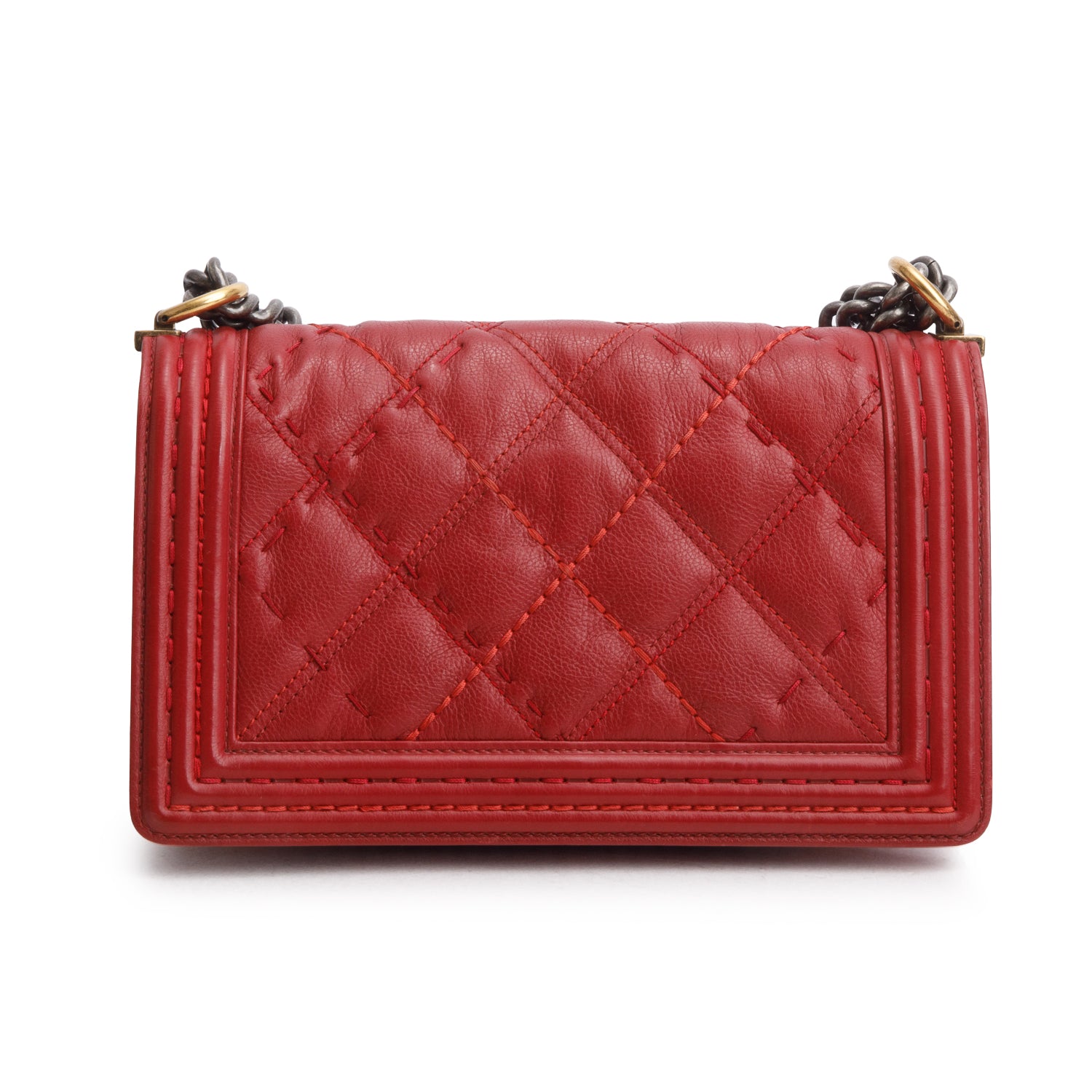 Chanel Red Lambskin Quilted Double Stitch Medium Boy Flap