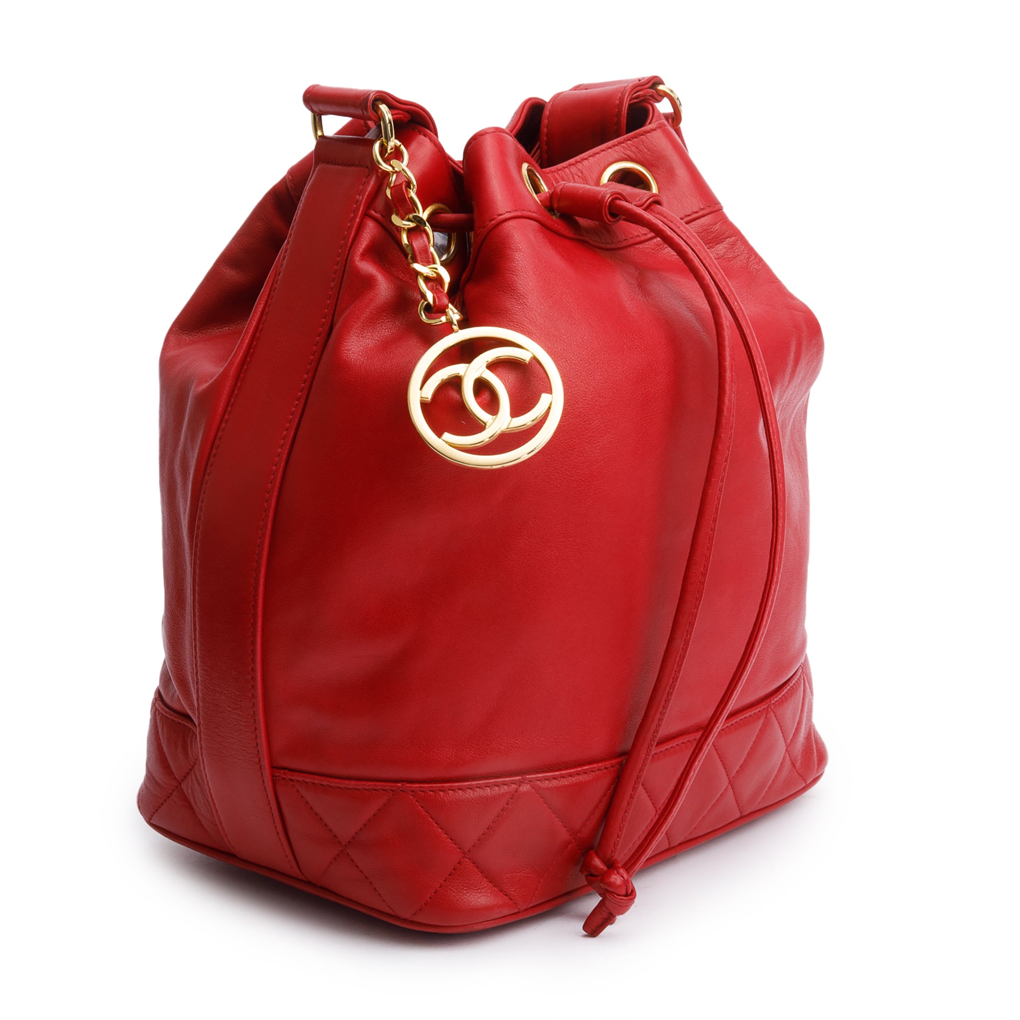 Chanel Red Lambskin Leather Quilted CC Bucket Bag w/ Pouch