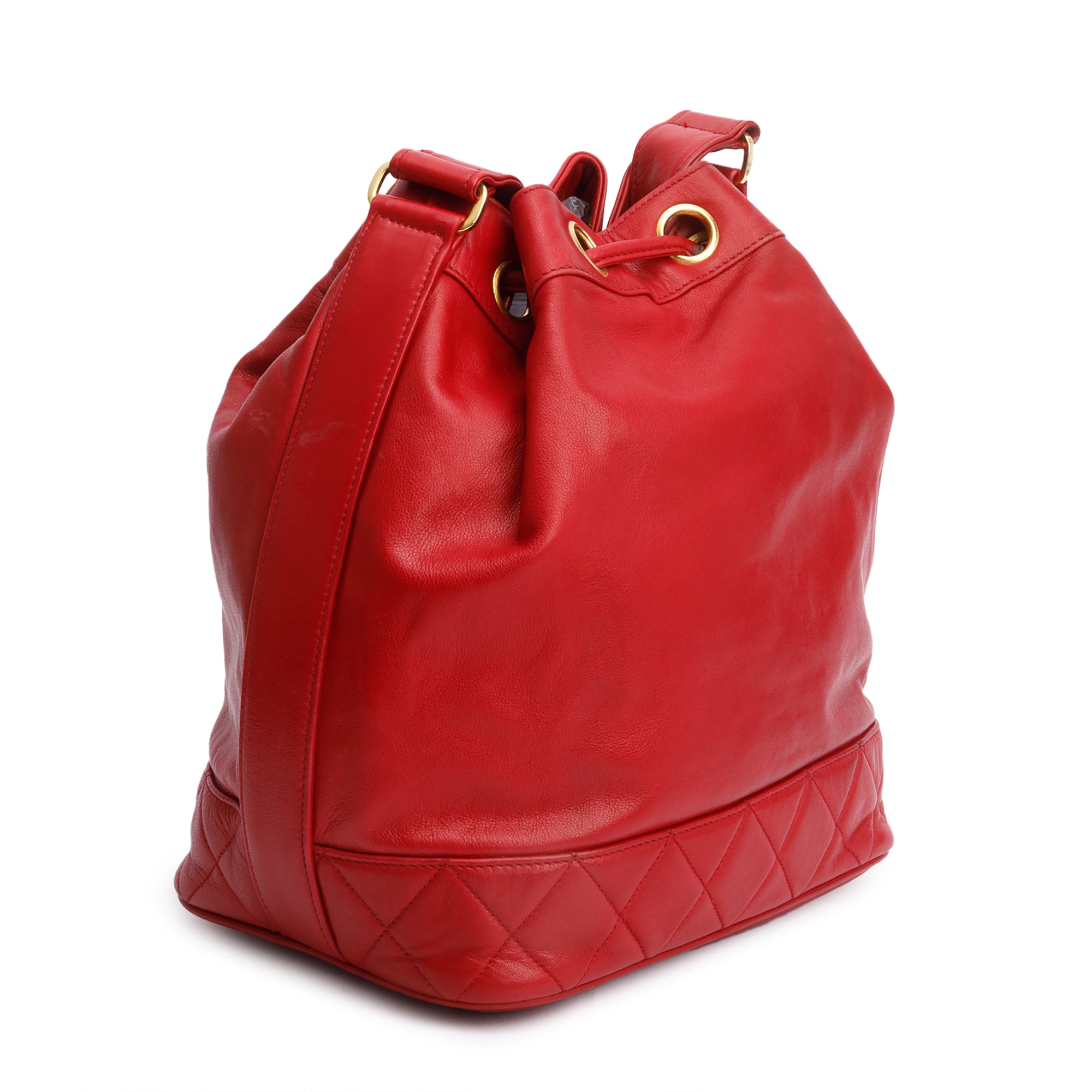 Chanel Red Lambskin Leather Quilted CC Bucket Bag w/ Pouch