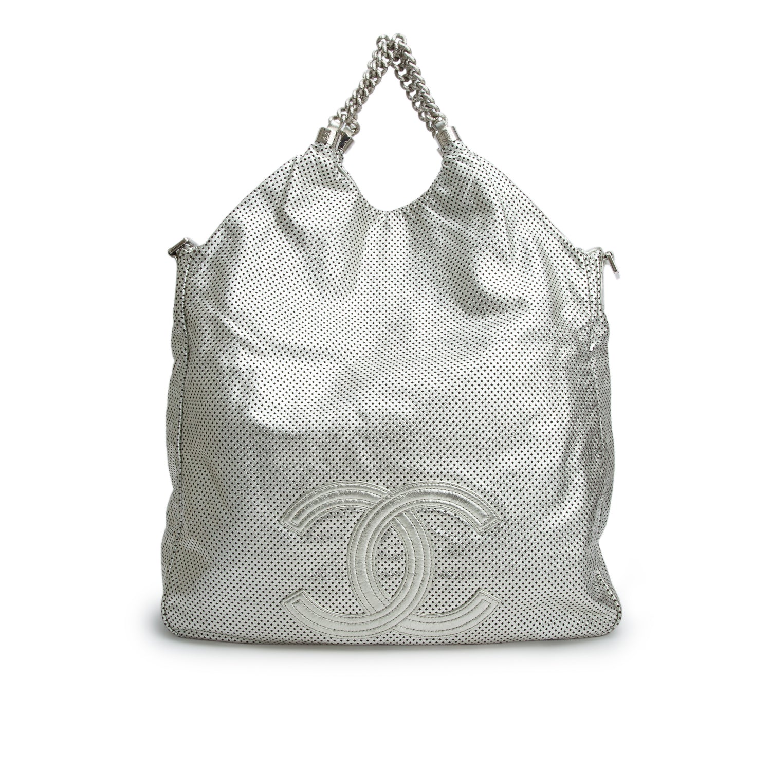 Chanel Silver Metallic Glazed Calfskin Perforated Rodeo Drive Hobo w/ Strap
