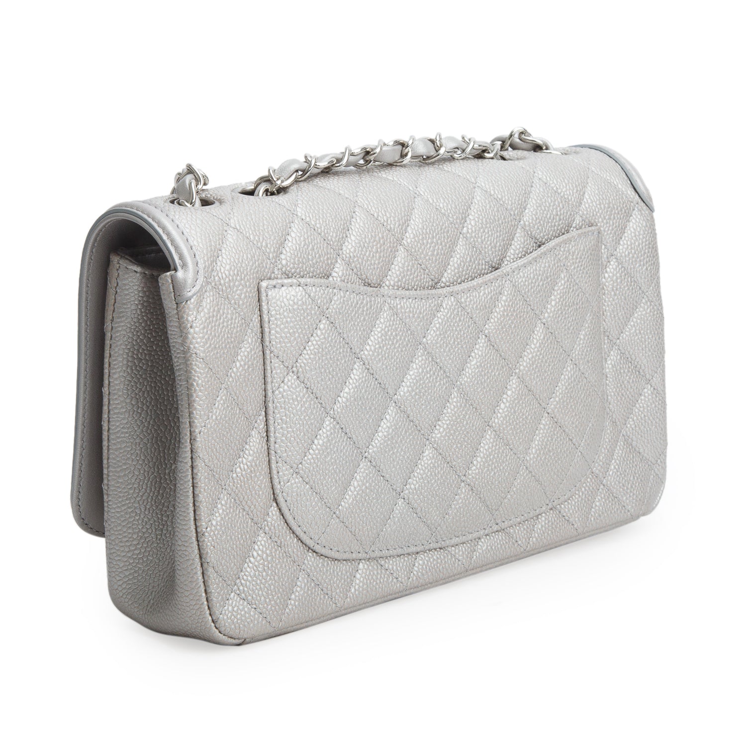 Chanel Silver Metallic Caviar Quilted Leather Medium CC Filigree Flap w/ Authenticity Card