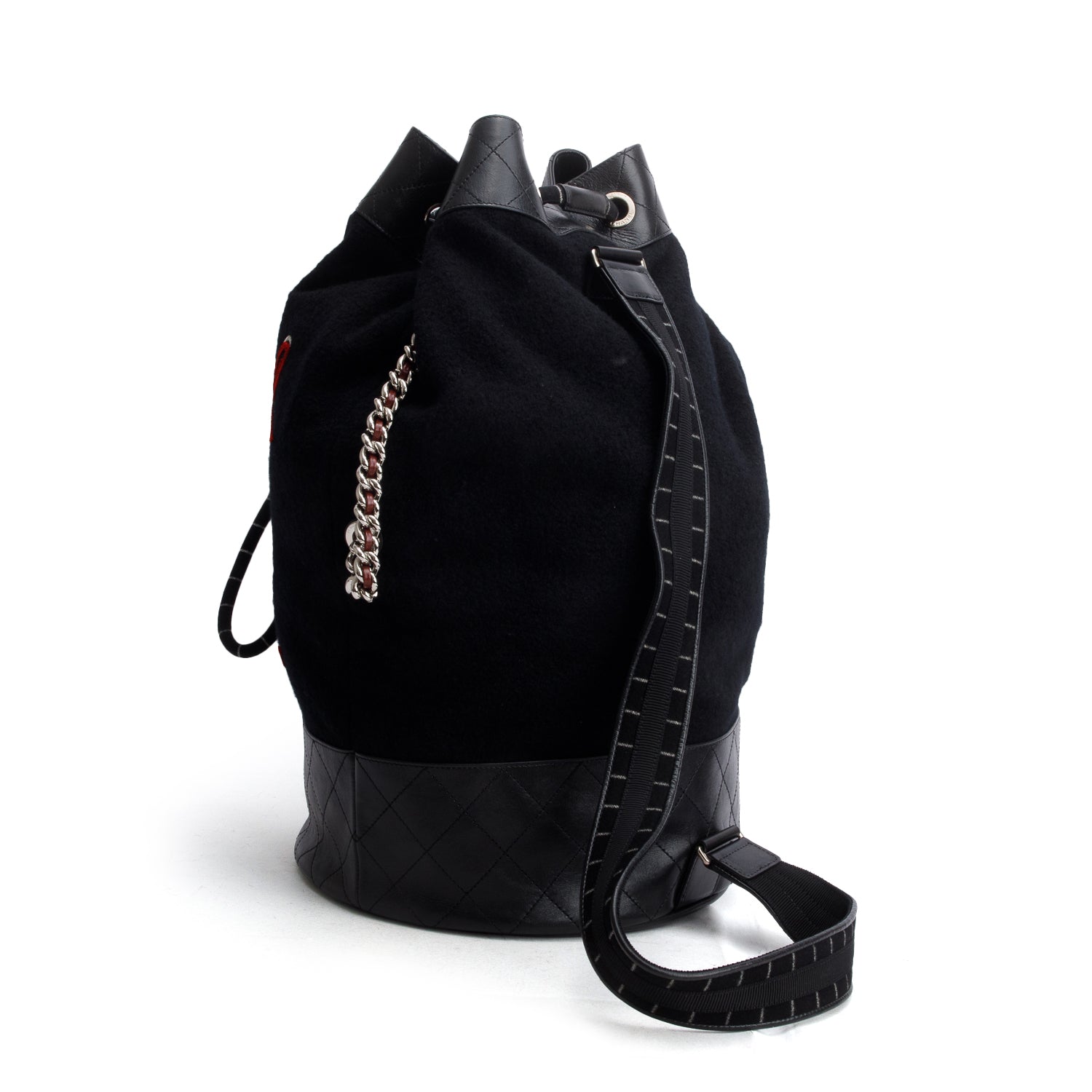 Chanel Black Wool Calfskin Embroidered Paris Hamburg Drawstring Backpack