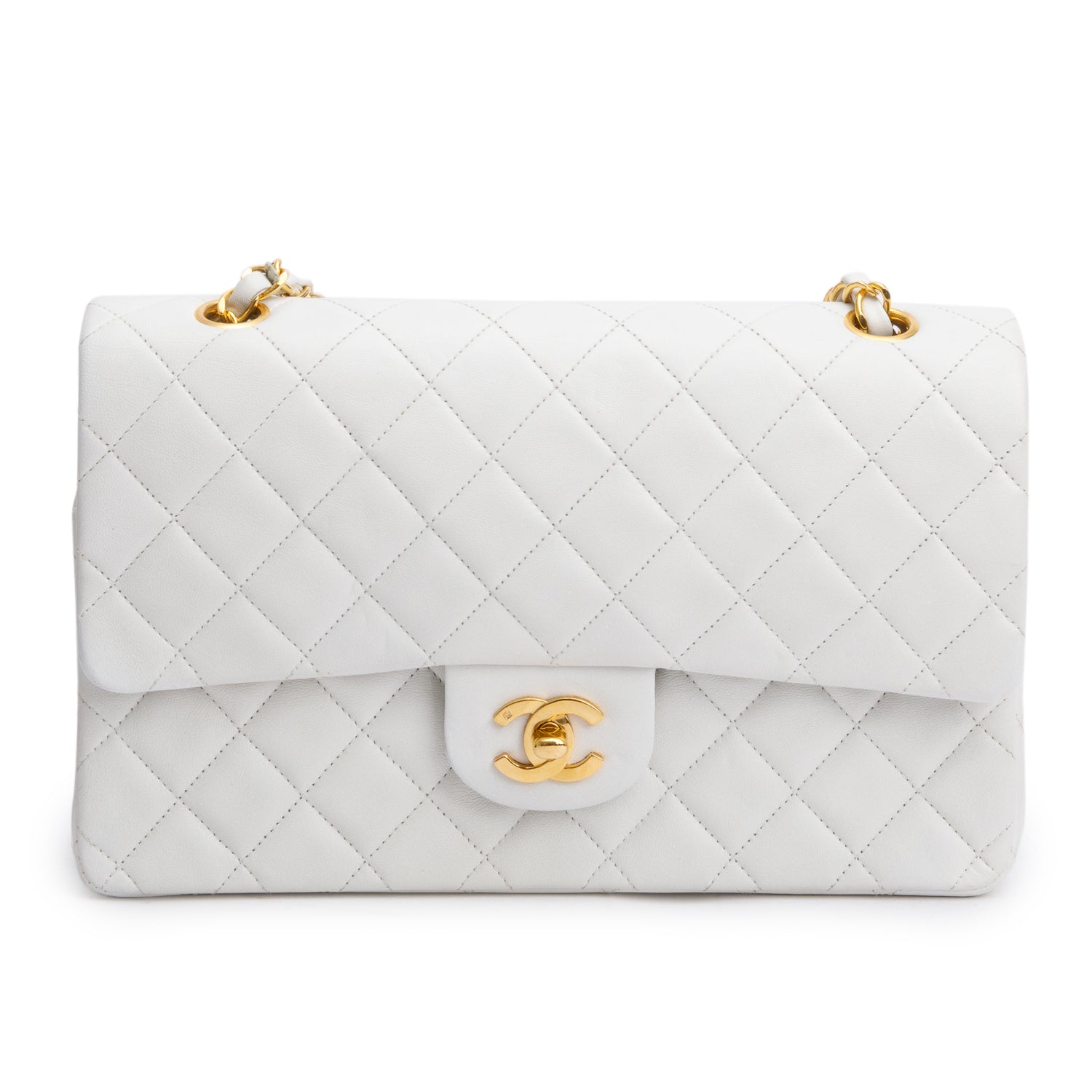 Chanel White Quilted Lambskin Leather Classic Medium Double Flap Bag