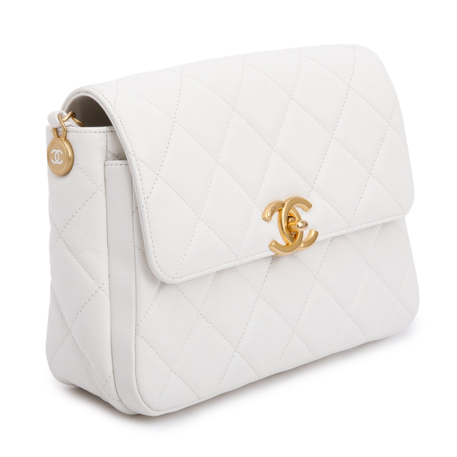 Chanel White Quilted Caviar Leather Small CC Side Note Flap Bag