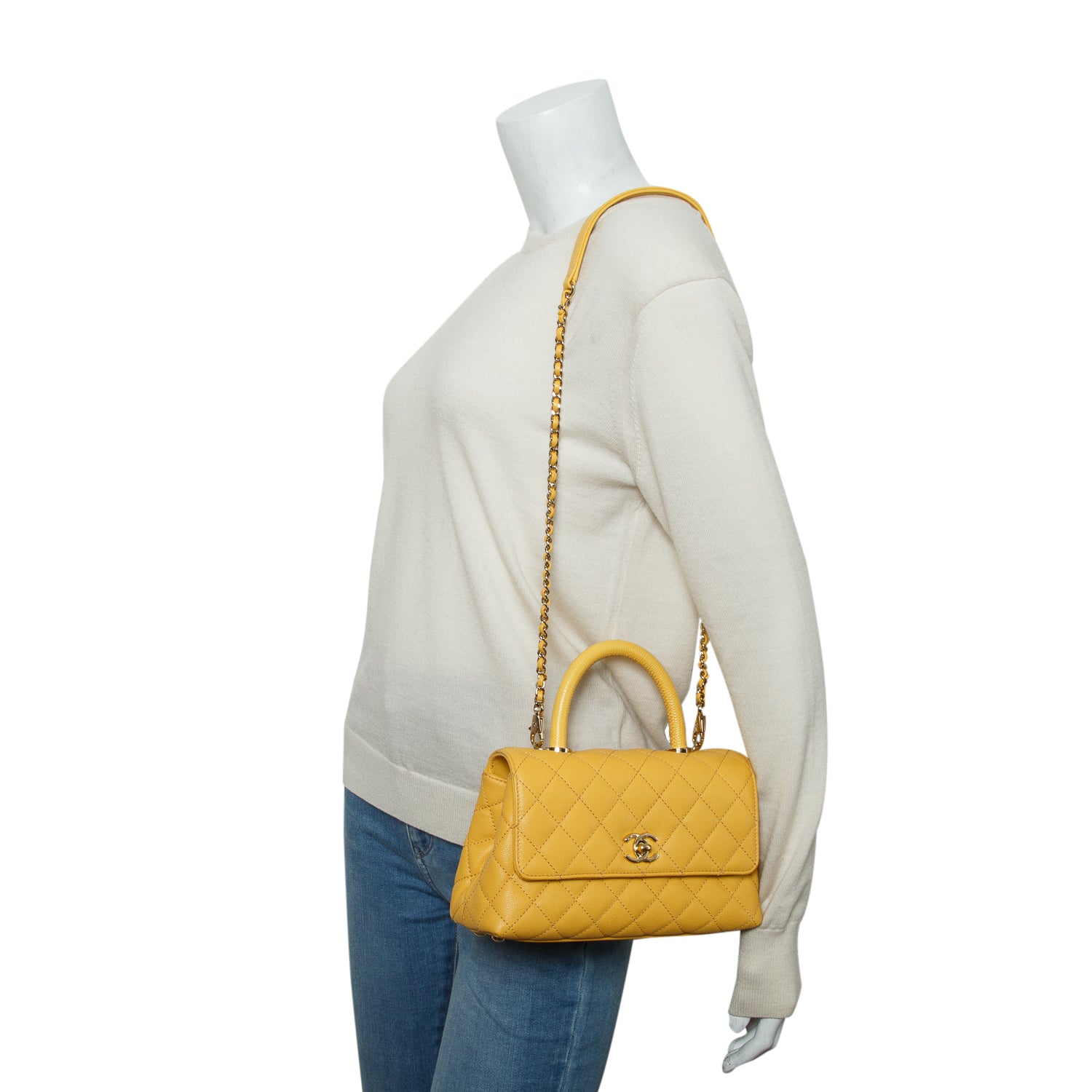 Chanel Yellow Caviar Quilted Mini Coco Top Handle Flap Bag