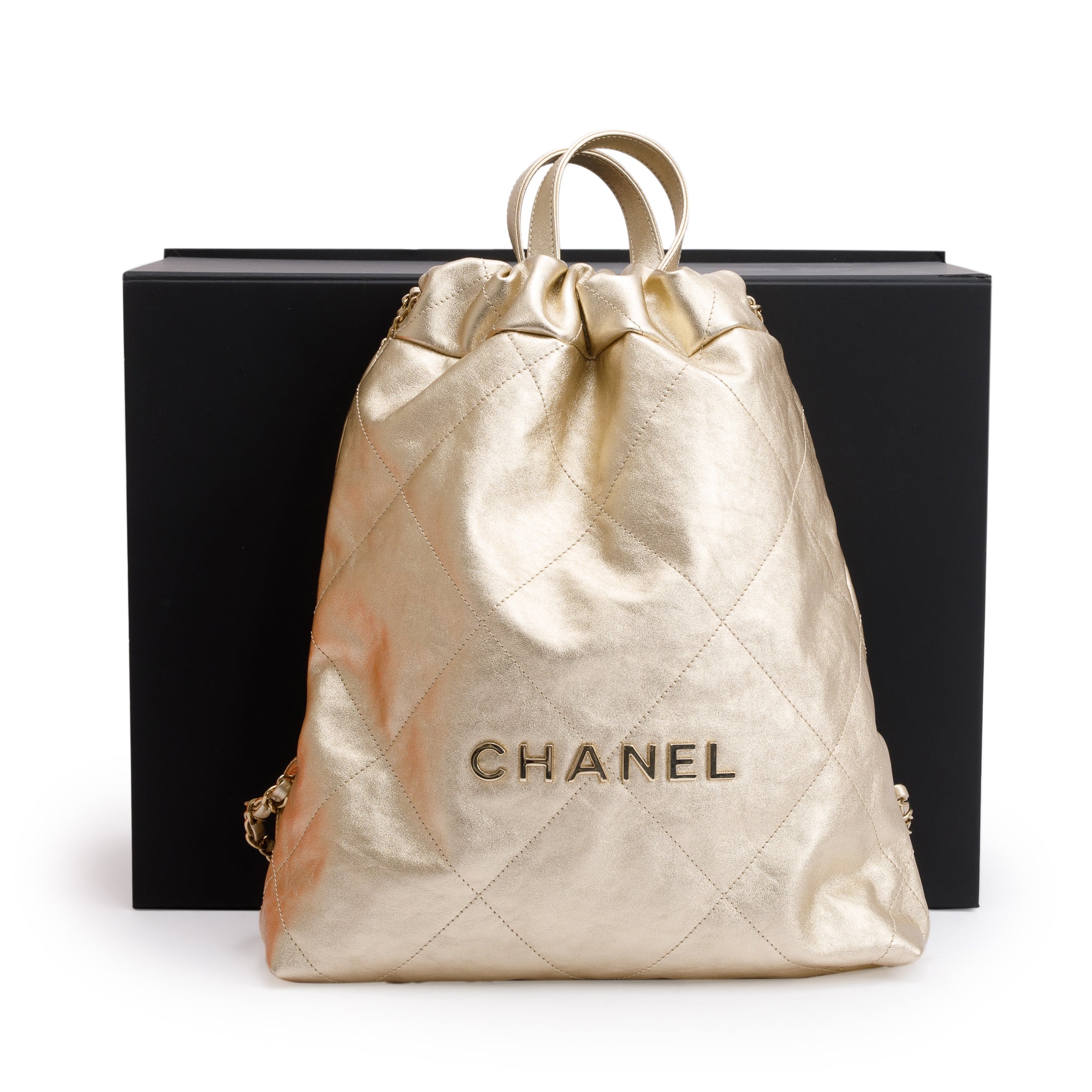 Channel 2024 Gold Metallic Calfskin Leather 22 Backpack w/ Box