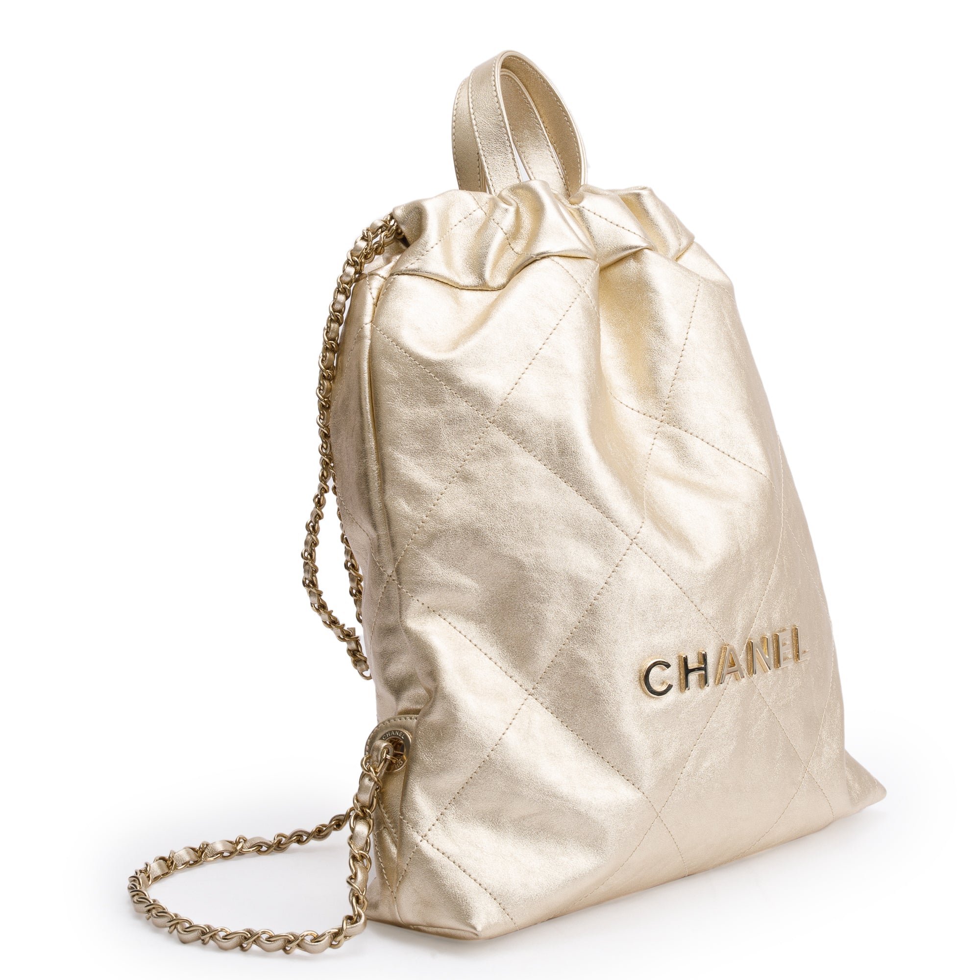 Channel 2024 Gold Metallic Calfskin Leather 22 Backpack w/ Box